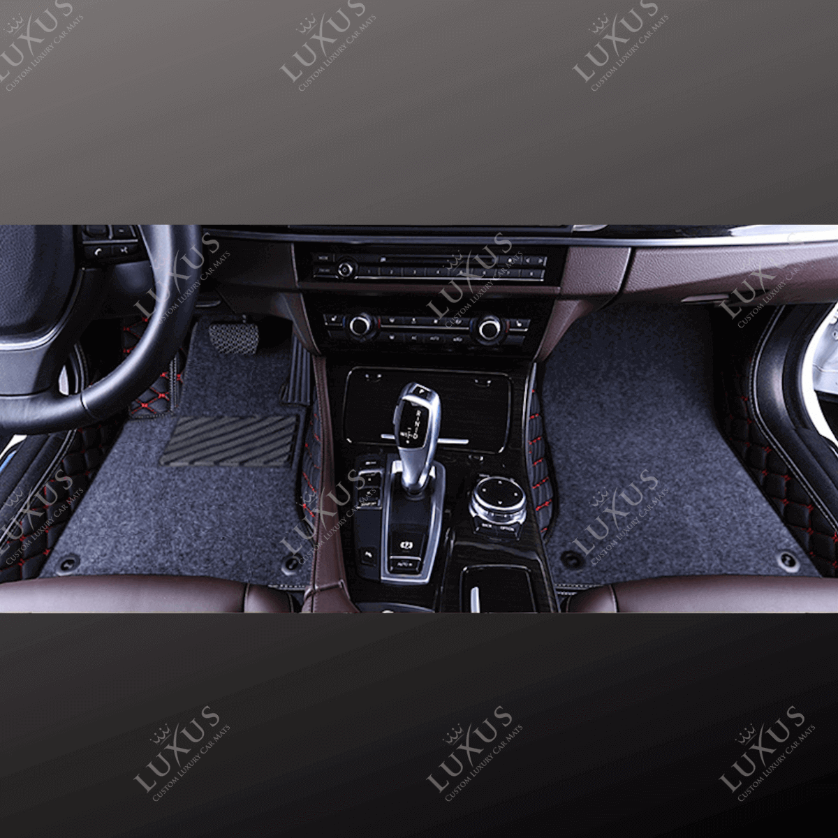 Black & Red Diamond Stitching & Grey Carpet | Double Layer Luxury Car Mats Set