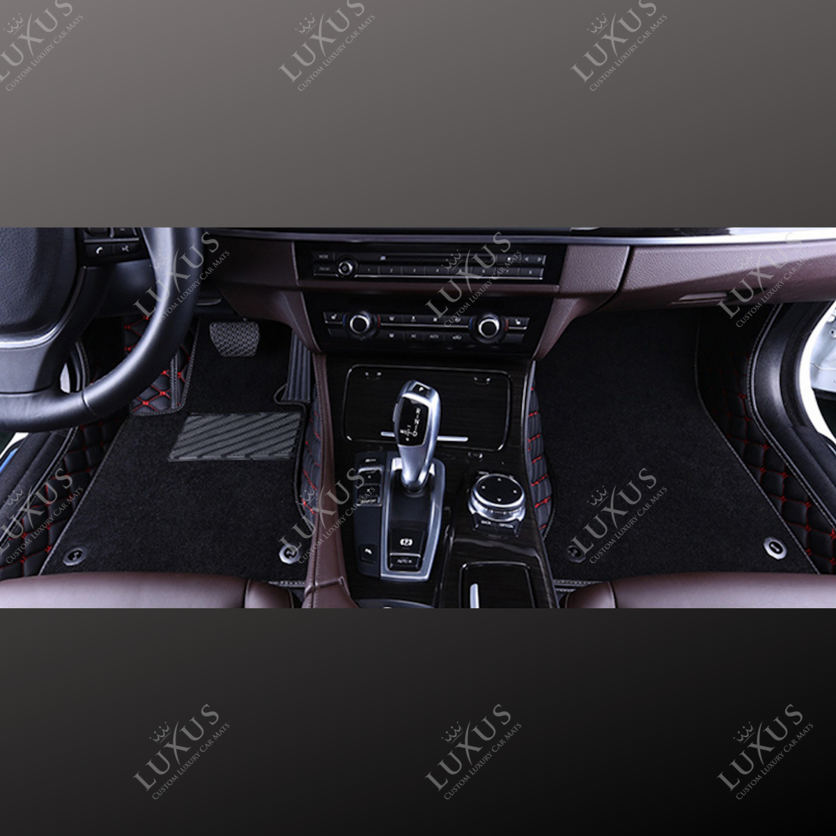 Black & Red Stitching Diamond Base & Black Top Carpet Double Layer Luxury Car Mats Set