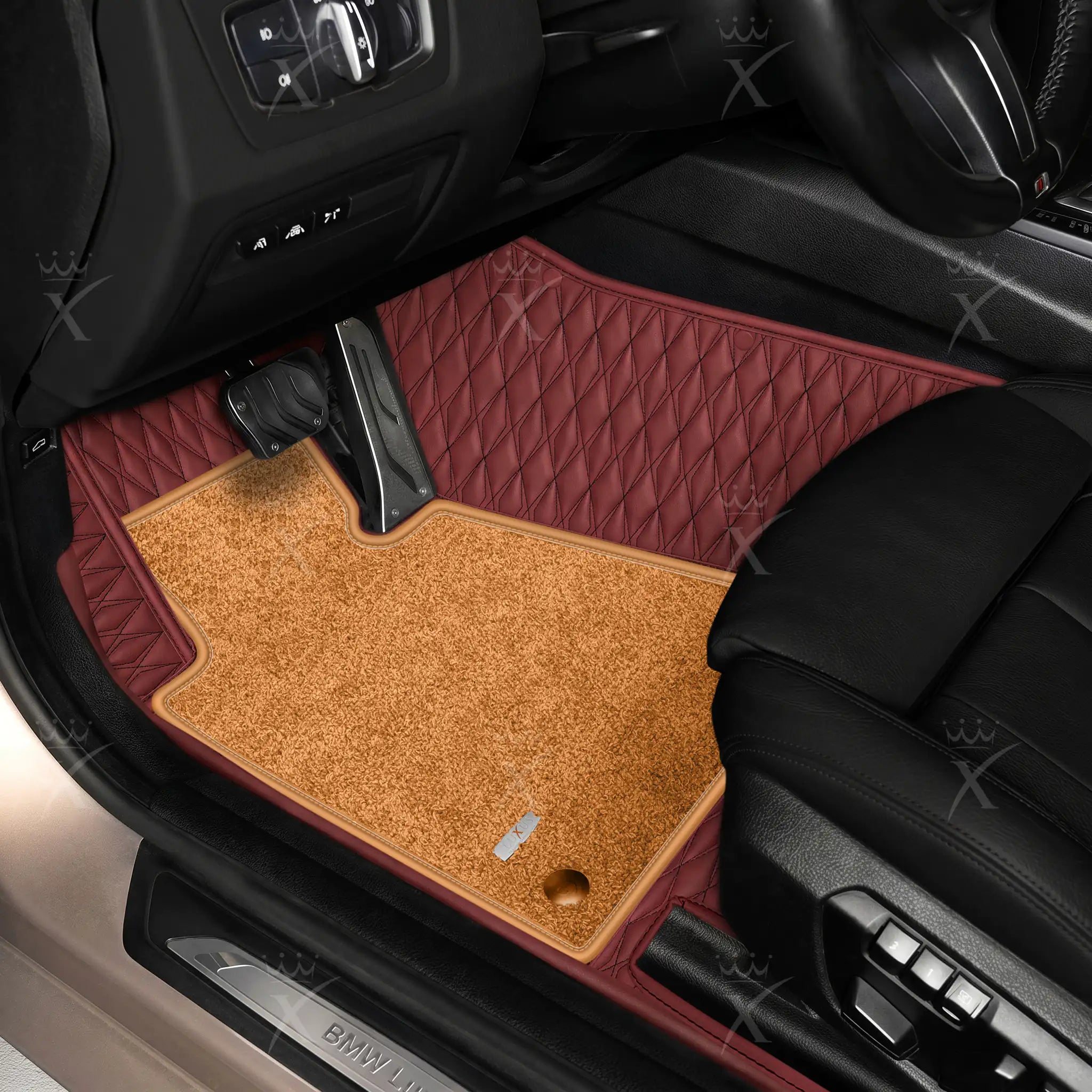 Luxus Twin-Diamond Double Layer Series Floor Mats | Wine Red & Cognac Tan Top Carpet