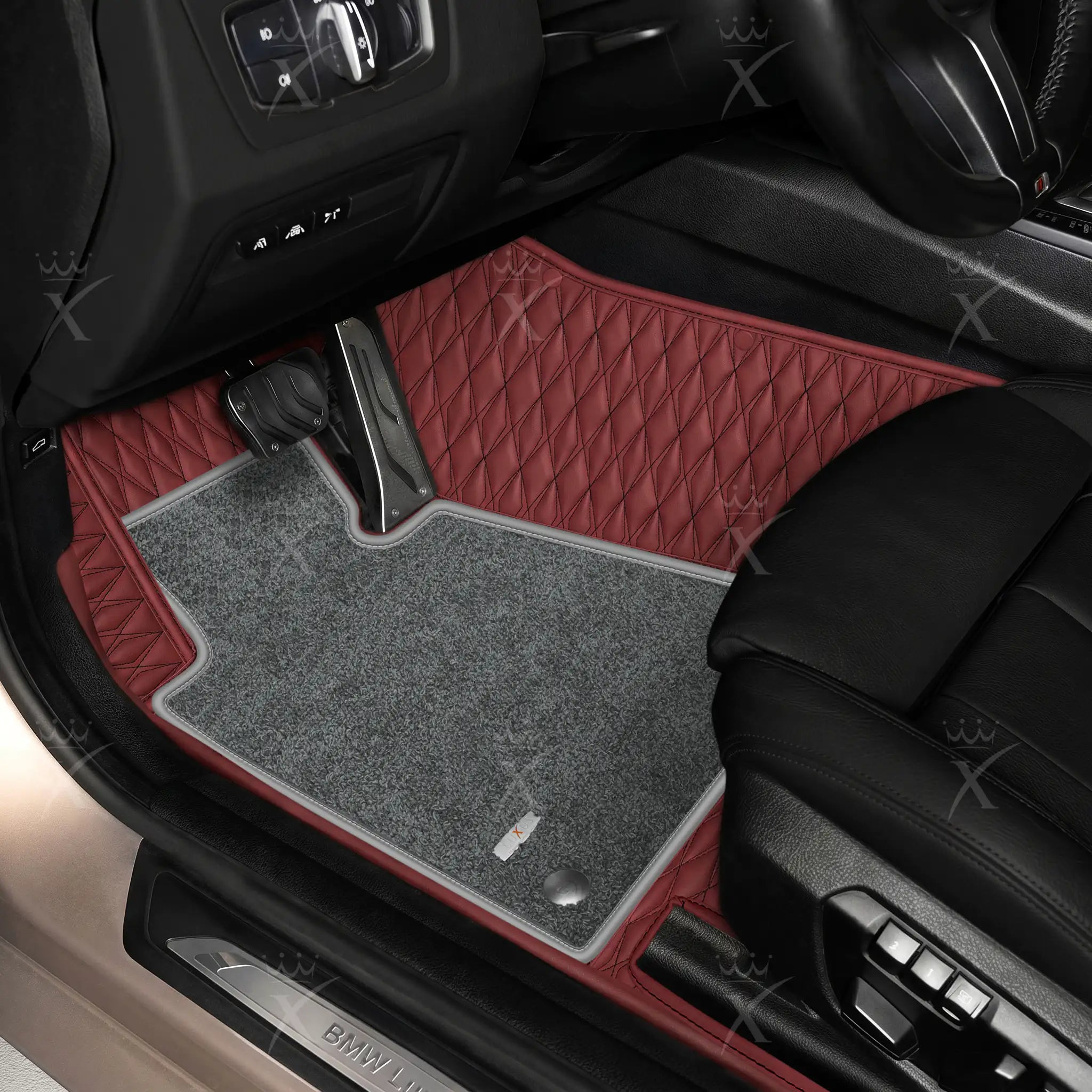 Luxus Twin-Diamond Double Layer Series Floor Mats | Wine Red & Graphite Shadow Top Carpet