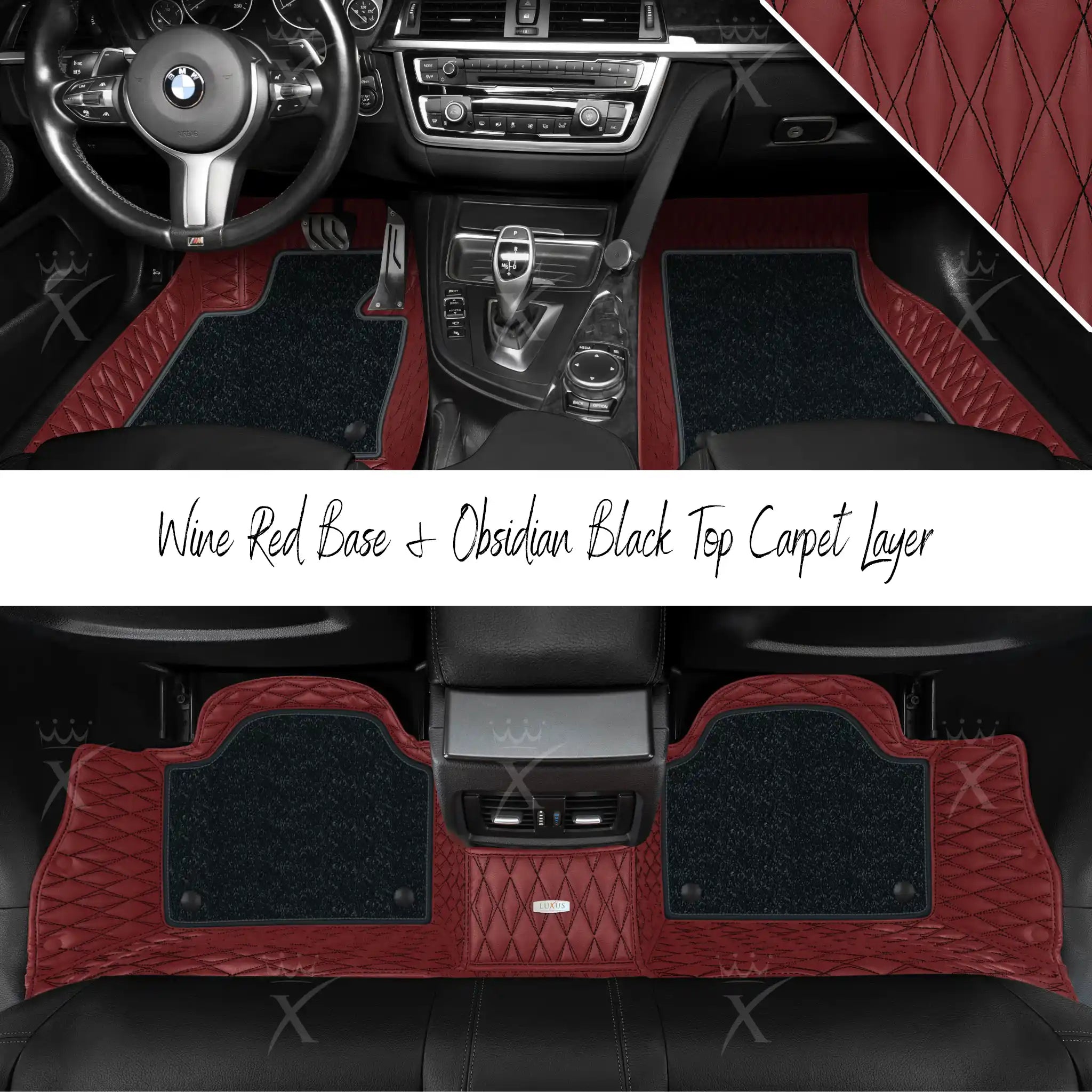 Wine Red Twin Diamond & Obsidian Black Carpet | Double Layer Luxury Car Mats Set