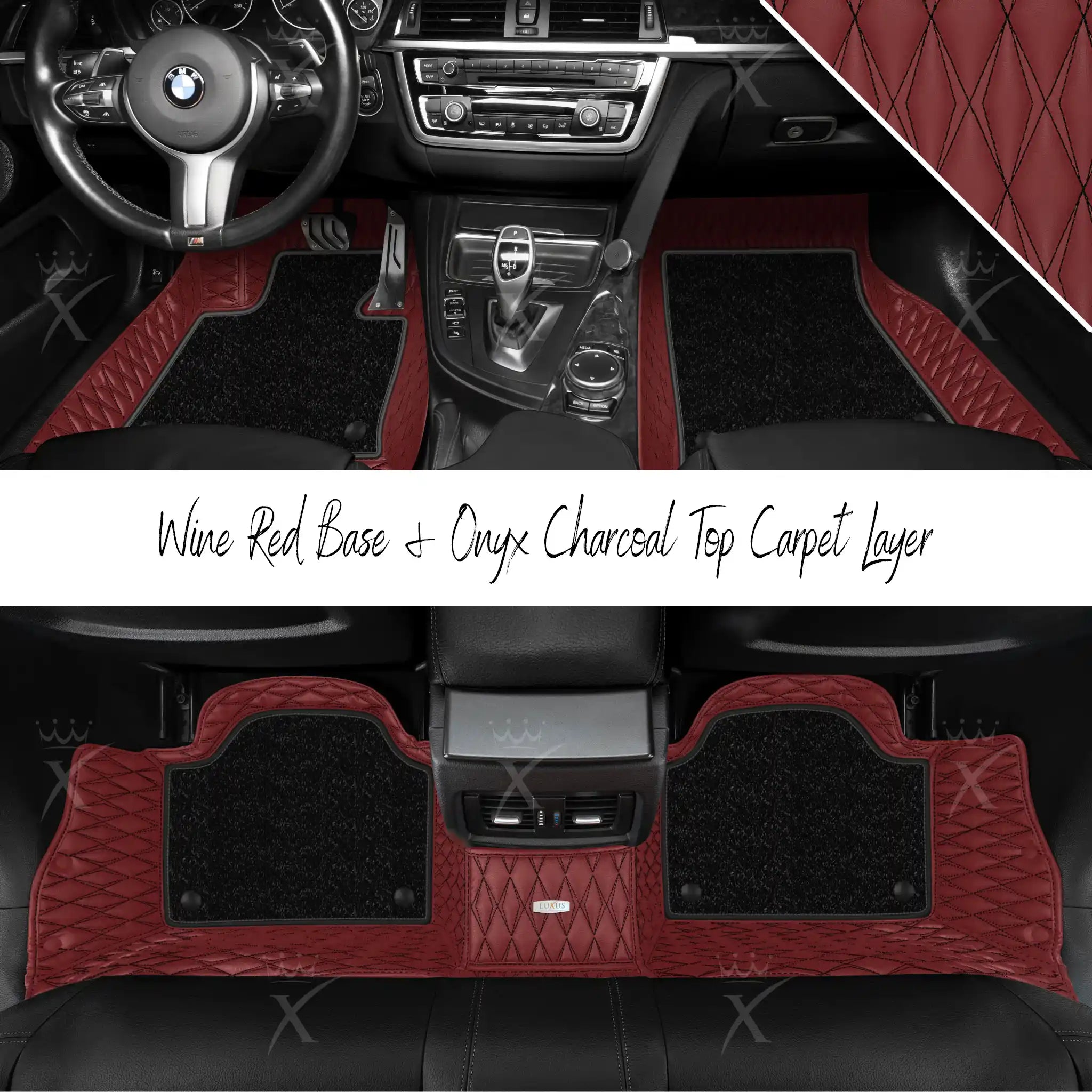 Wine Red Twin Diamond & Onyx Charcoal Carpet | Double Layer Luxury Car Mats Set