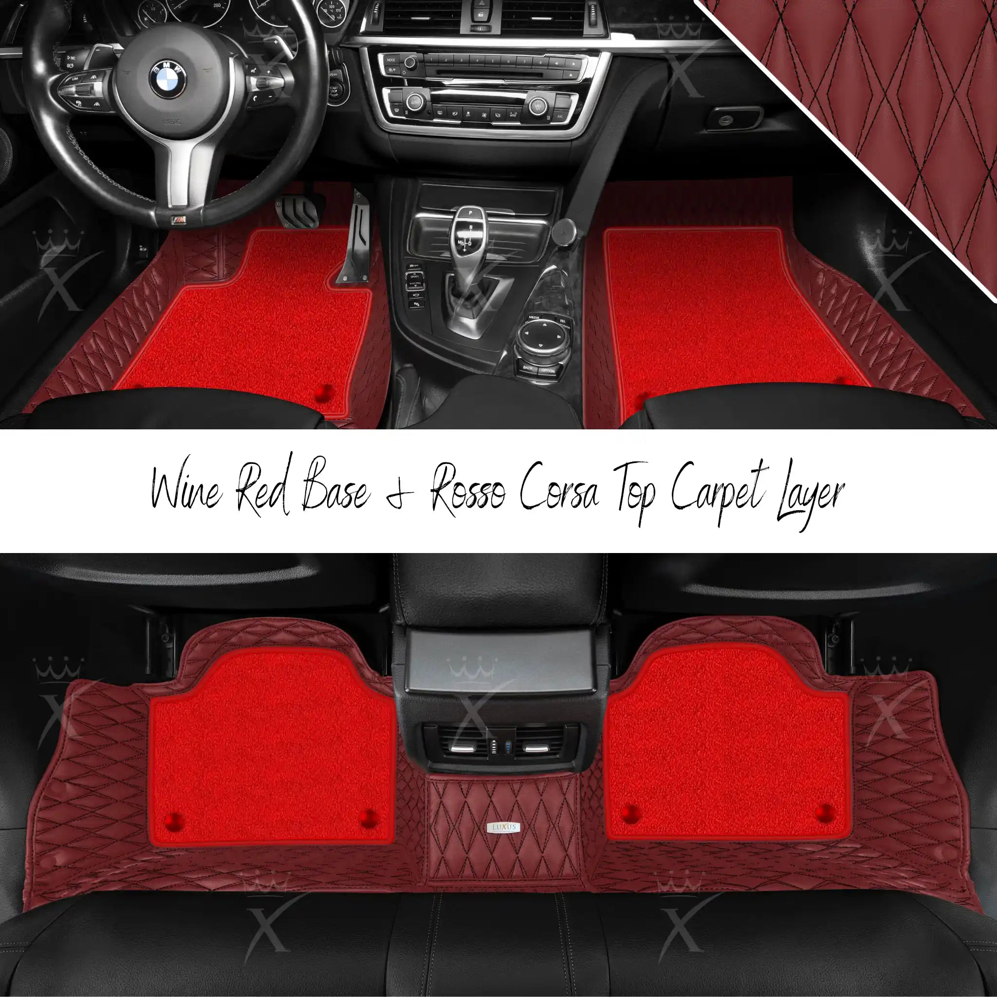 Wine Red Twin Diamond & Rosso Corsa Carpet | Double Layer Luxury Car Mats Set