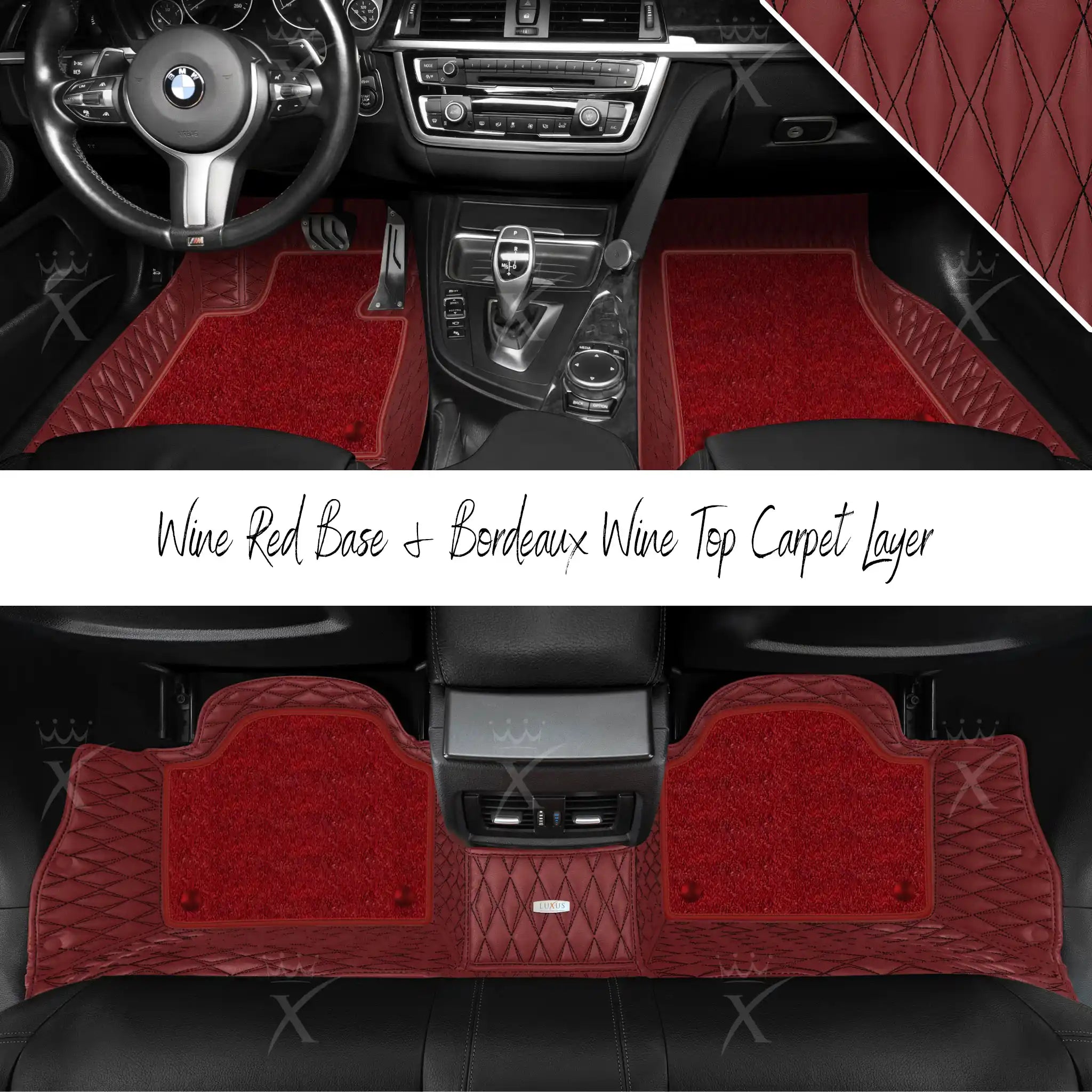 Wine Red Twin Diamond & Bordeaux Wine Carpet | Double Layer Luxury Car Mats Set
