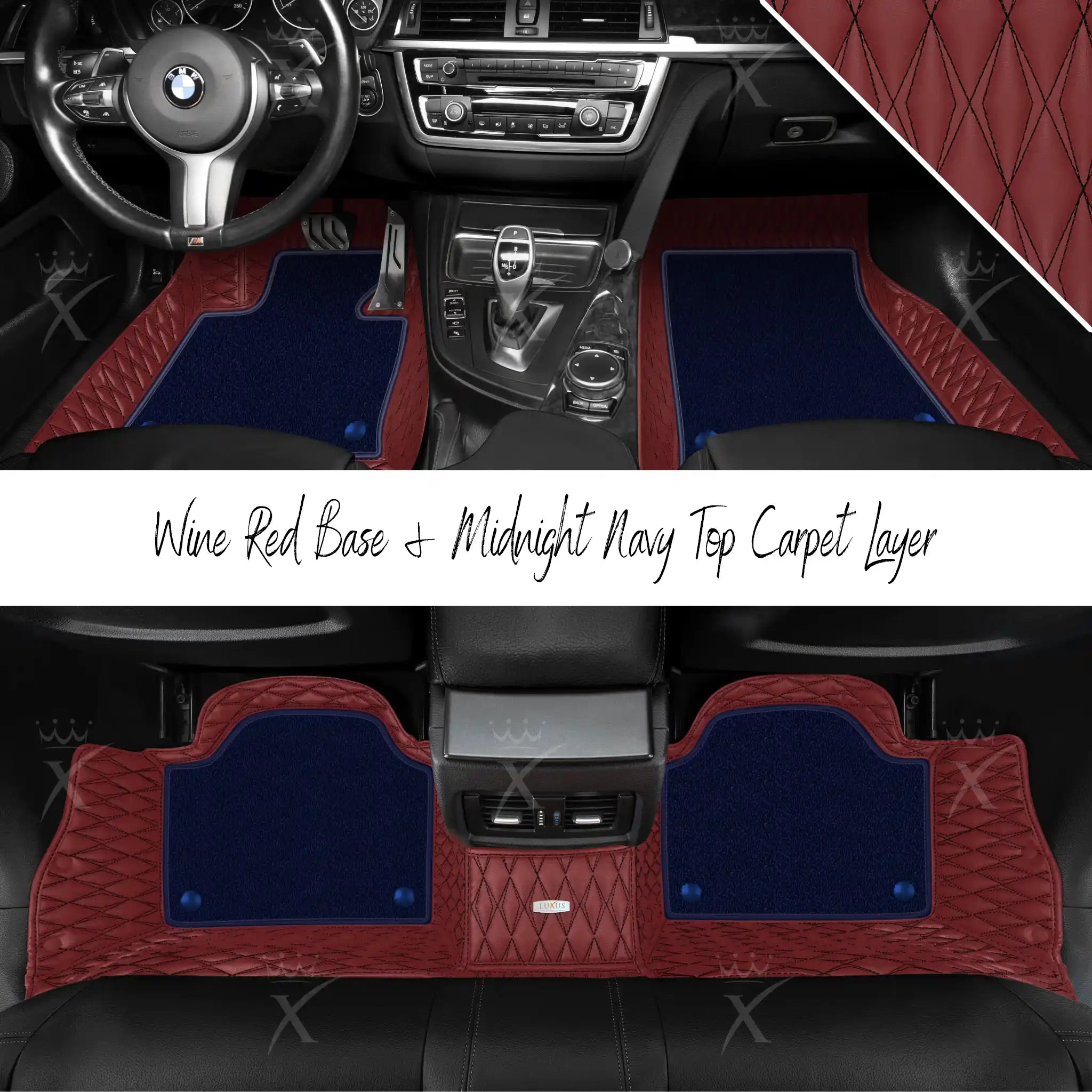 Wine Red Twin Diamond & Midnight Navy Carpet | Double Layer Luxury Car Mats Set
