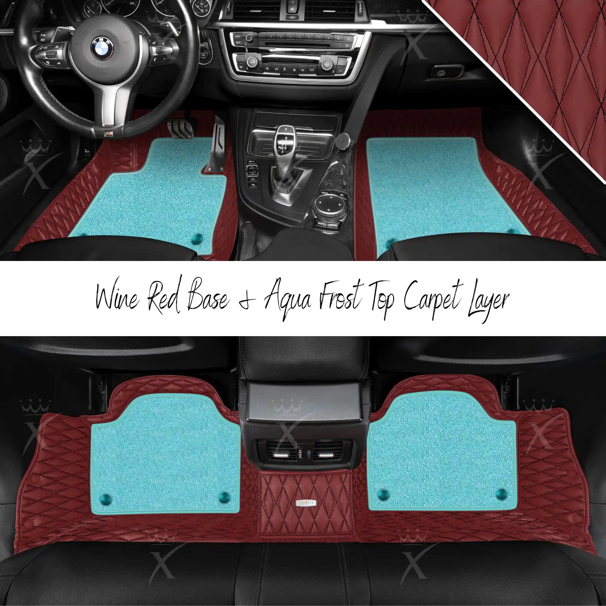 Wine Red Twin Diamond & Aqua Frost Carpet | Double Layer Luxury Car Mats Set