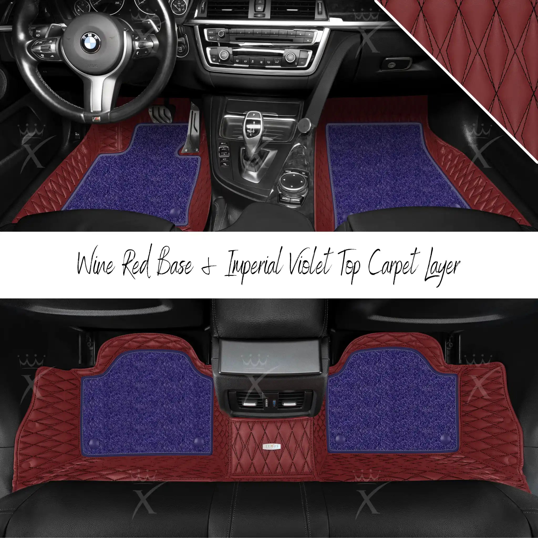 Wine Red Twin Diamond & Imperial Violet Carpet | Double Layer Luxury Car Mats Set