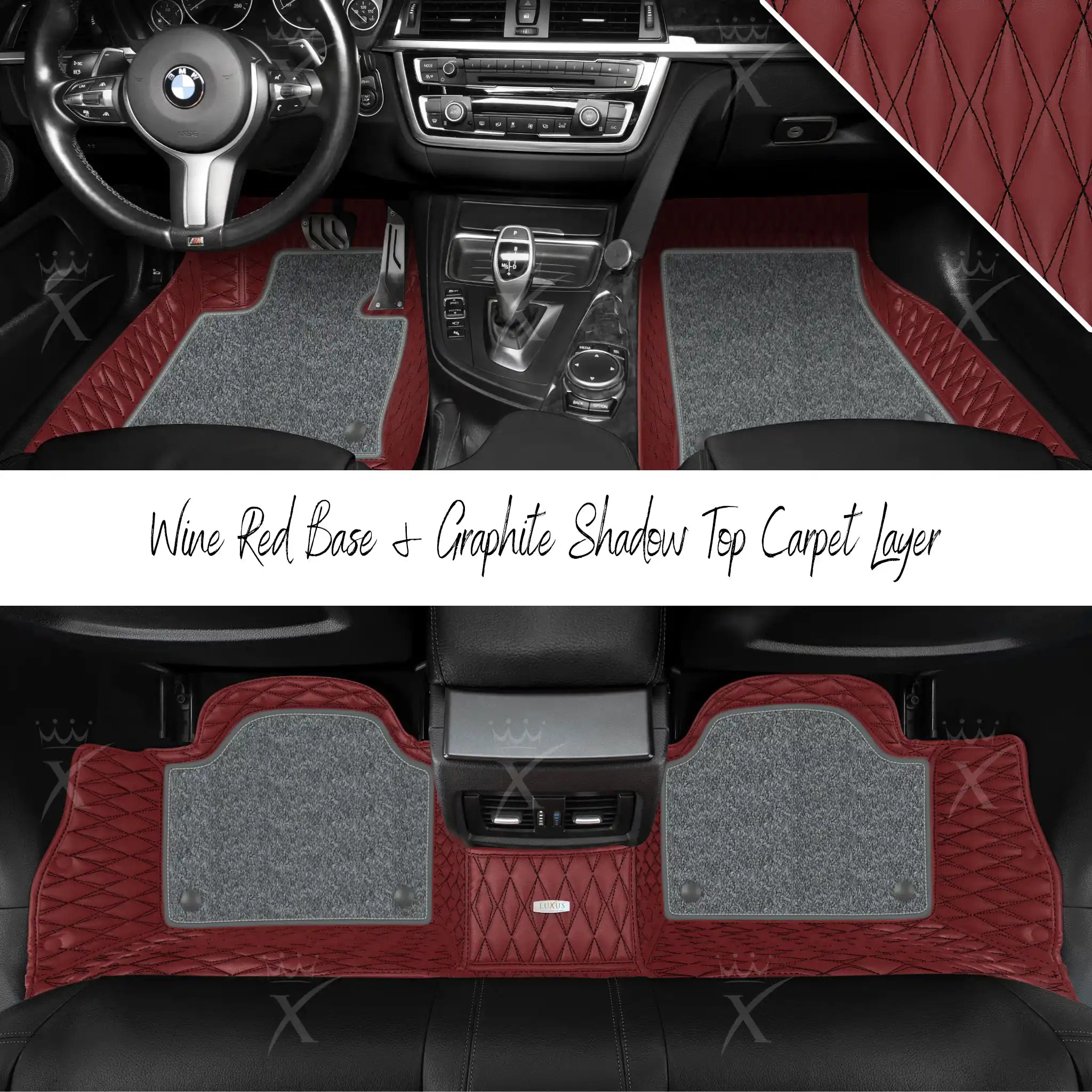 Wine Red Twin Diamond & Graphite Shadow Carpet | Double Layer Luxury Car Mats Set