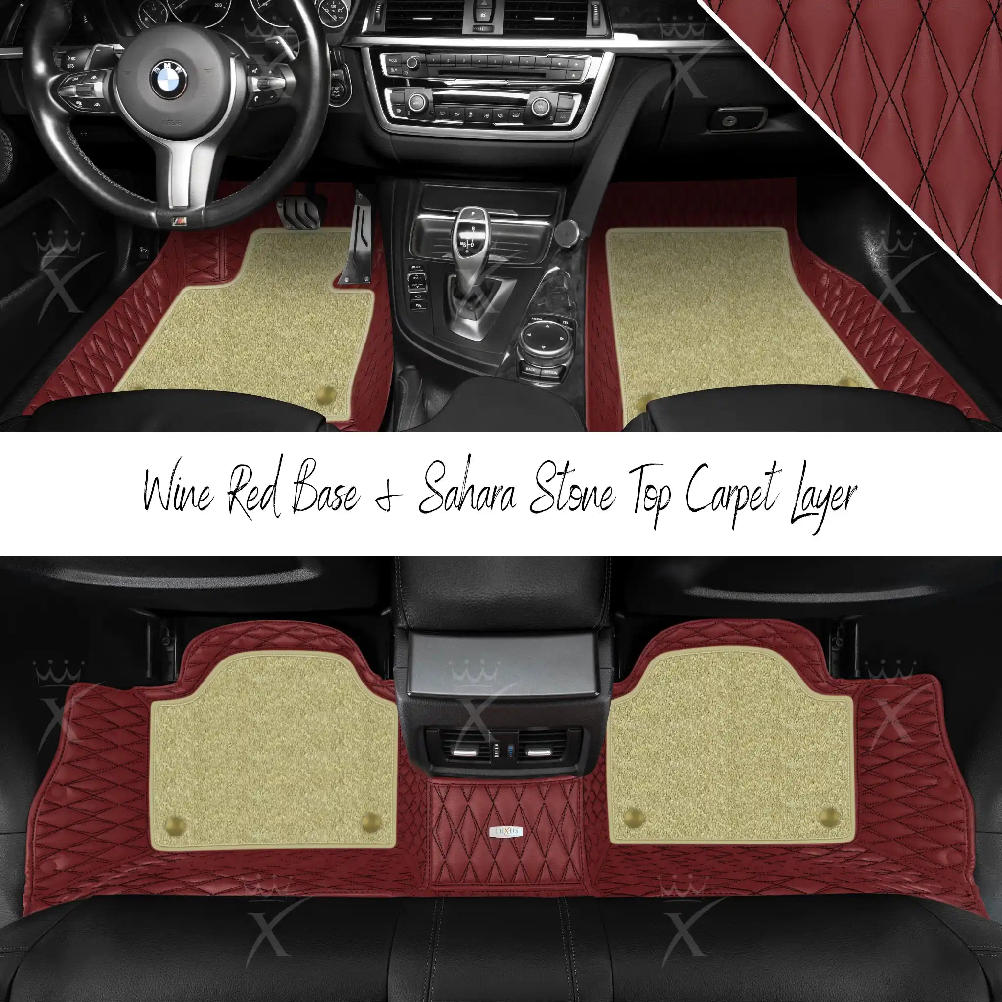 Wine Red Twin Diamond & Sahara Stone Carpet | Double Layer Luxury Car Mats Set