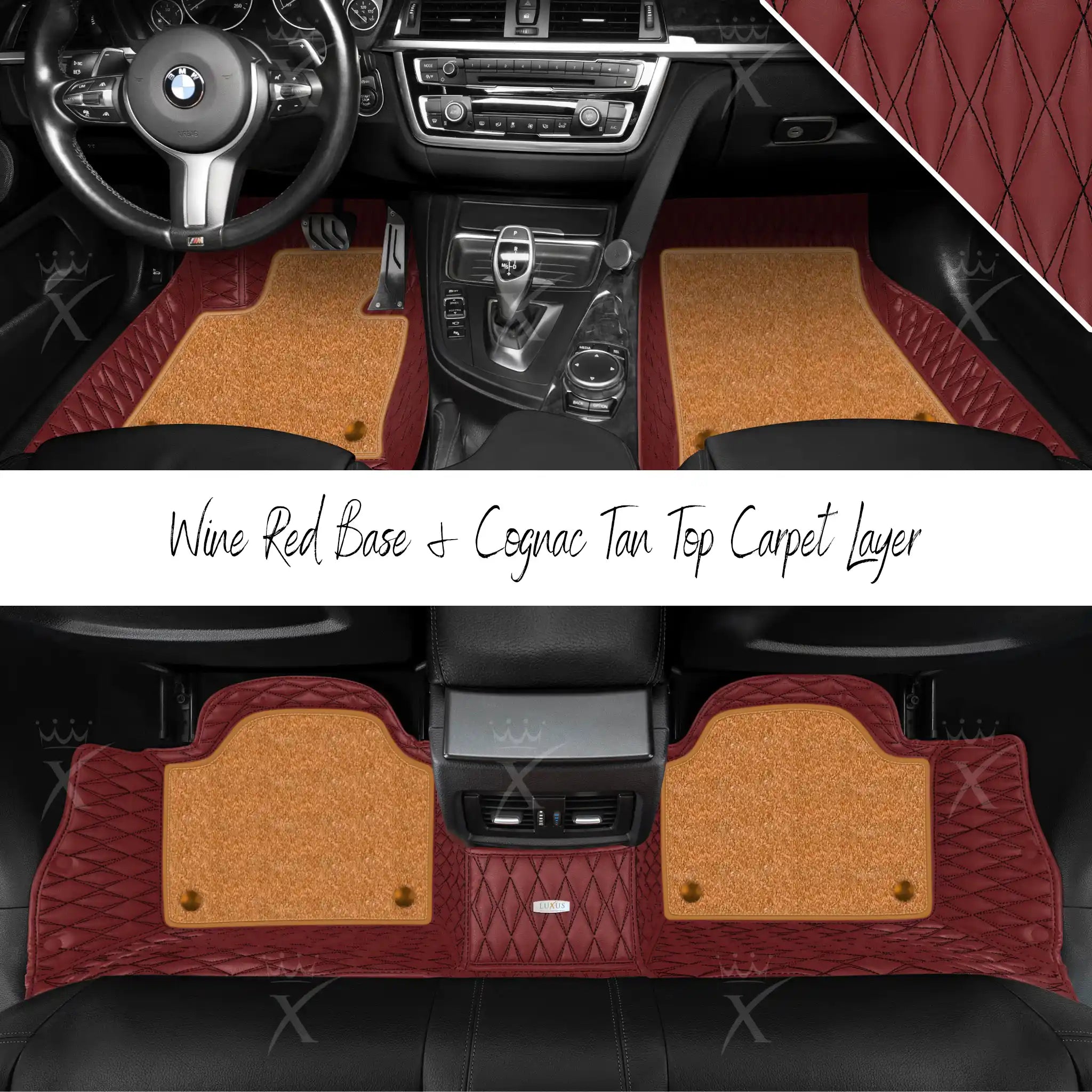 Wine Red Twin Diamond & Cognac Tan Carpet | Double Layer Luxury Car Mats Set