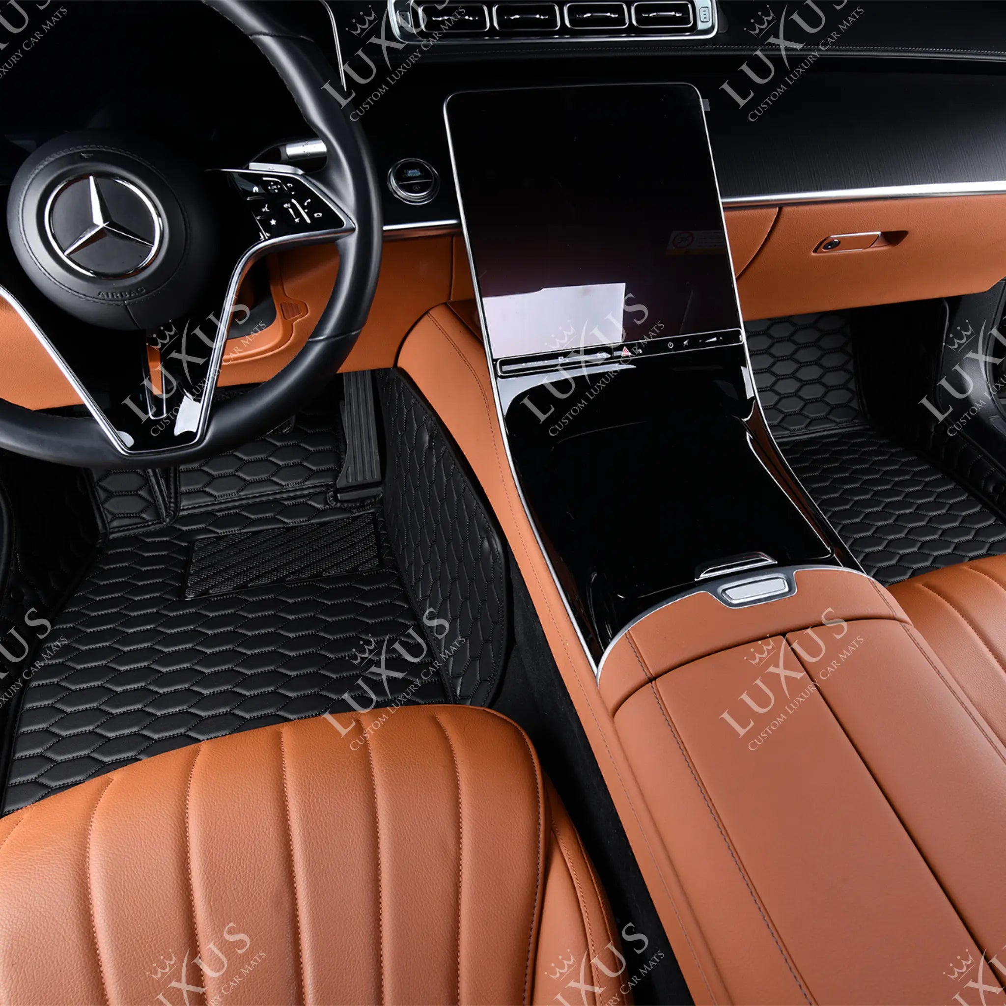 Luxus Premium Honeycomb Custom Car Mats Set | Black & Black Stitching