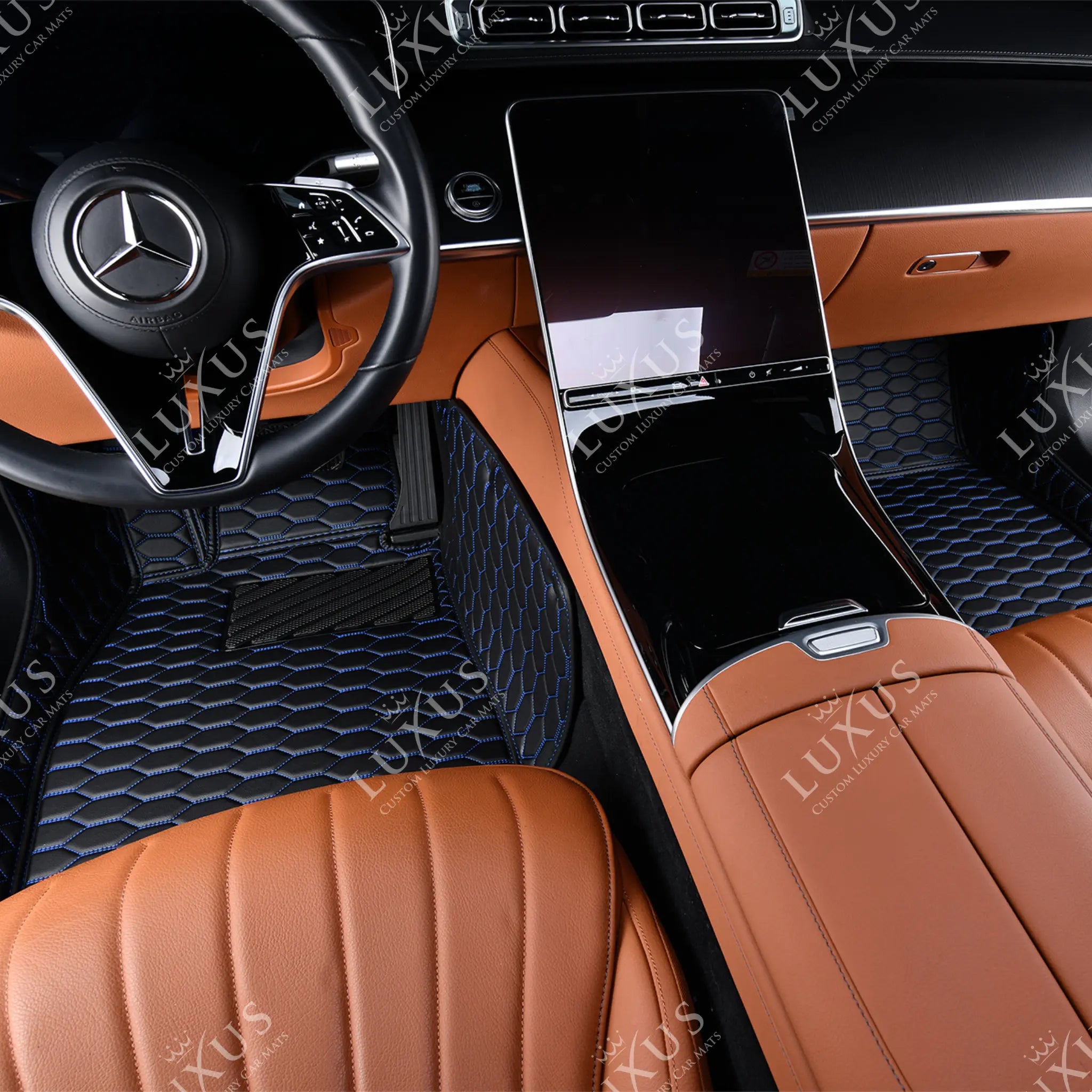 Luxus Premium Honeycomb Custom Car Mats Set | Black & Blue Stitching