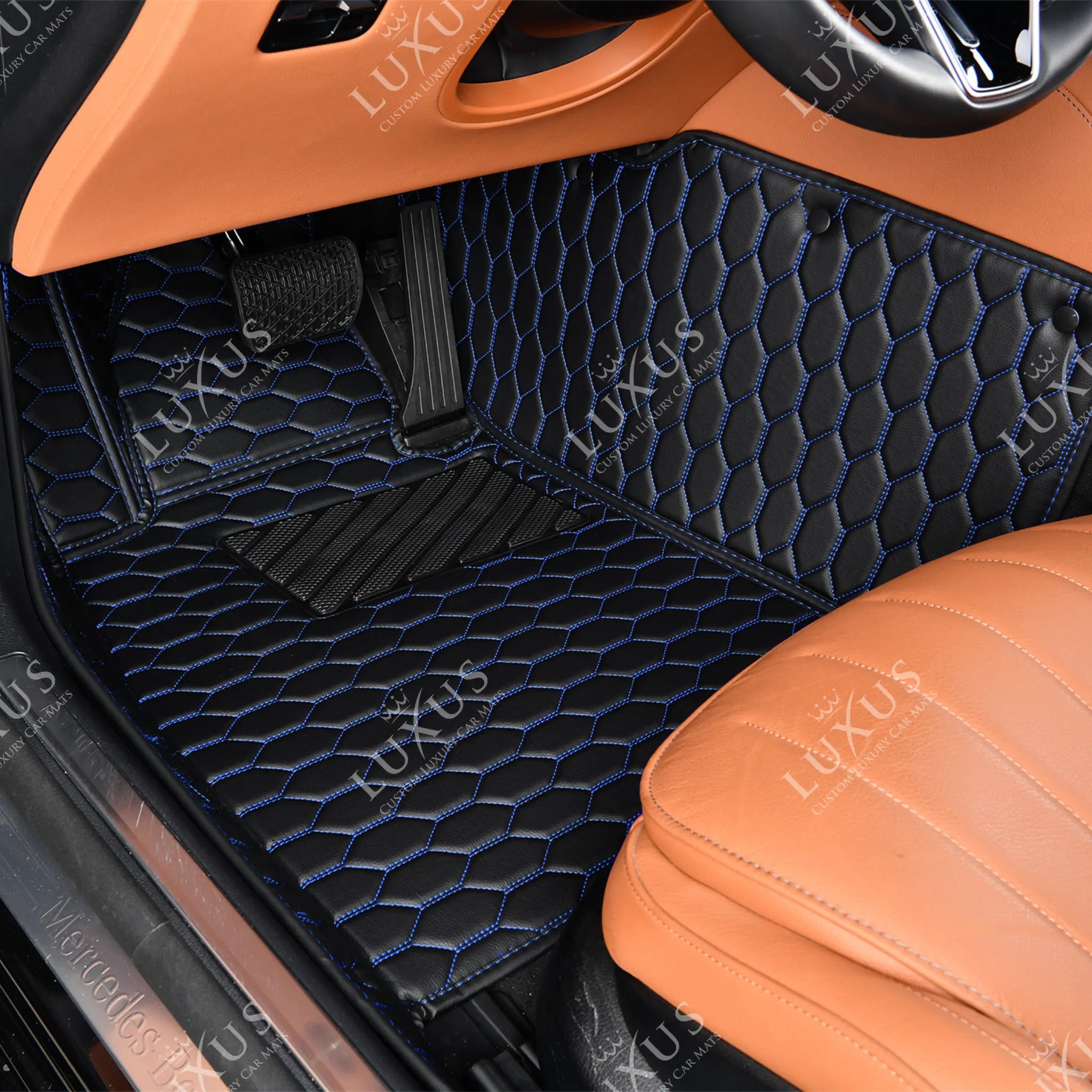 Luxus Premium Honeycomb Custom Car Mats Set | Black & Blue Stitching