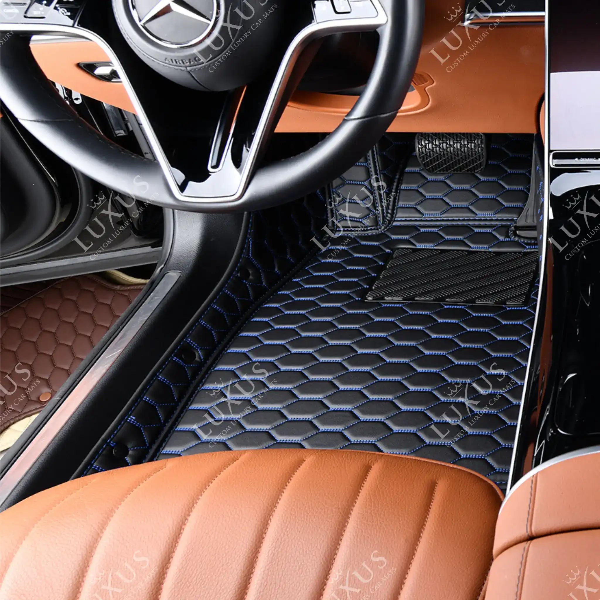 Luxus Premium Honeycomb Custom Car Mats Set | Black & Blue Stitching