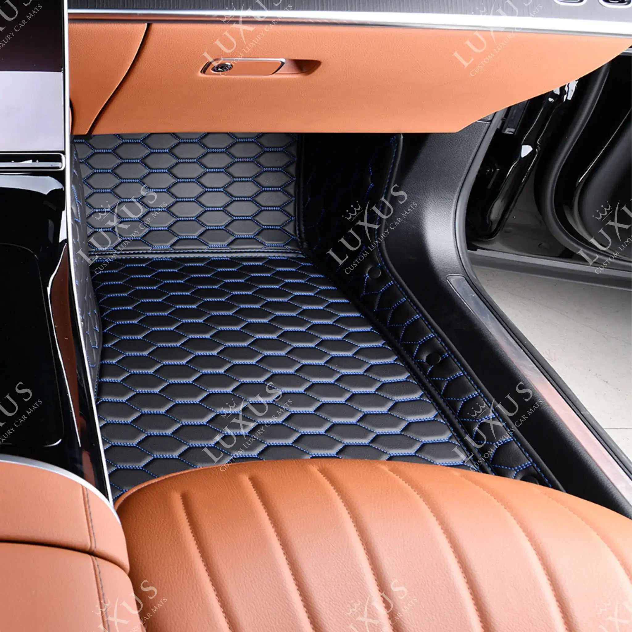Luxus Premium Honeycomb Custom Car Mats Set | Black & Blue Stitching