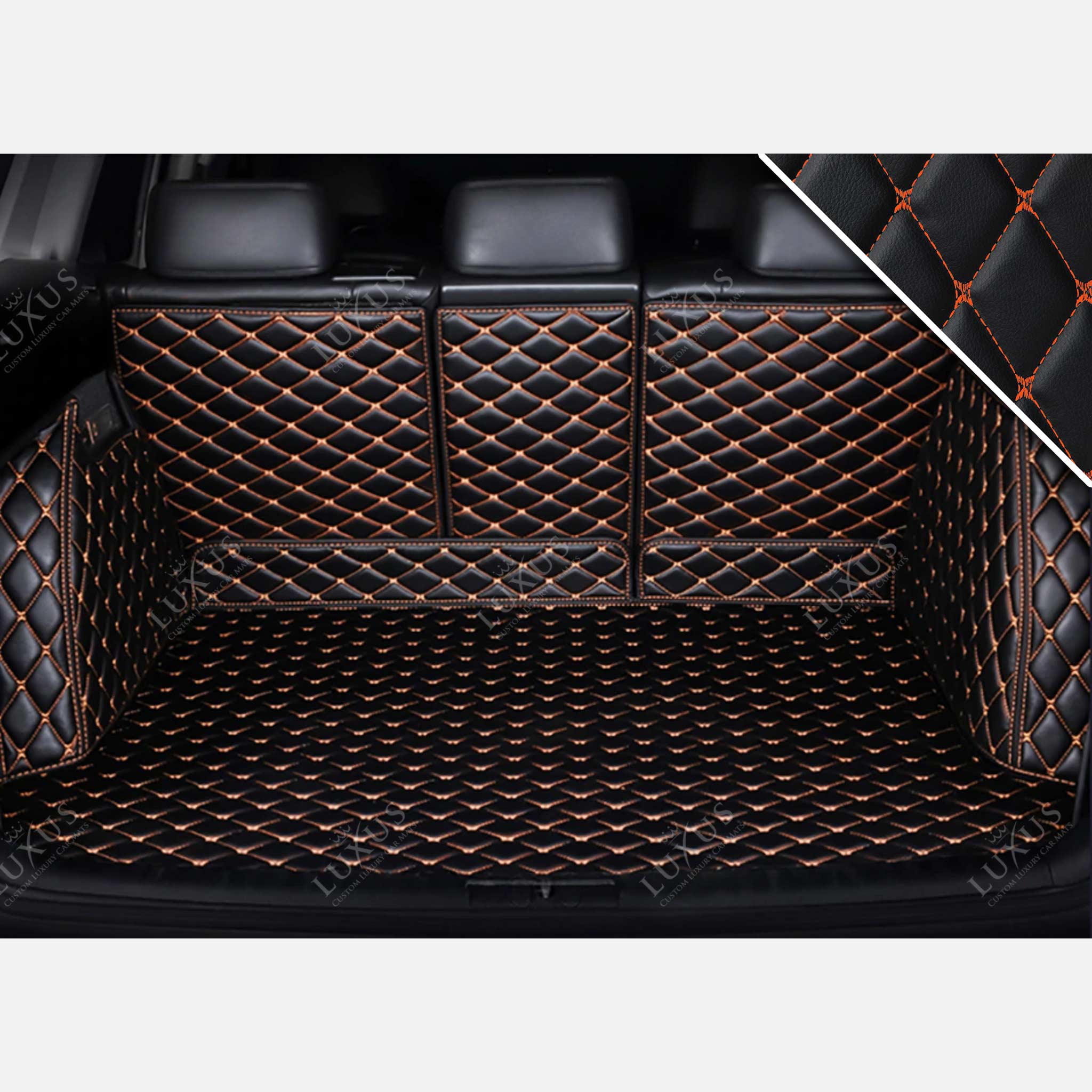Luxus Car Mats™ – Schwarze und orangefarbene 3D-Luxus-Leder-Kofferraum-/Kofferraummatte