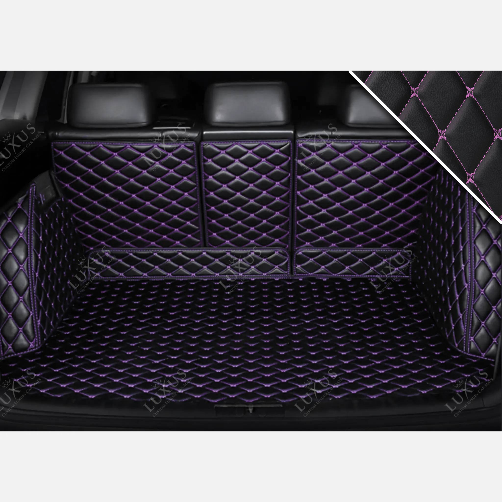 Luxus Car Mats™ – 3D-Luxus-Leder-Kofferraum-/Kofferraummatte mit schwarzen und lila Nähten