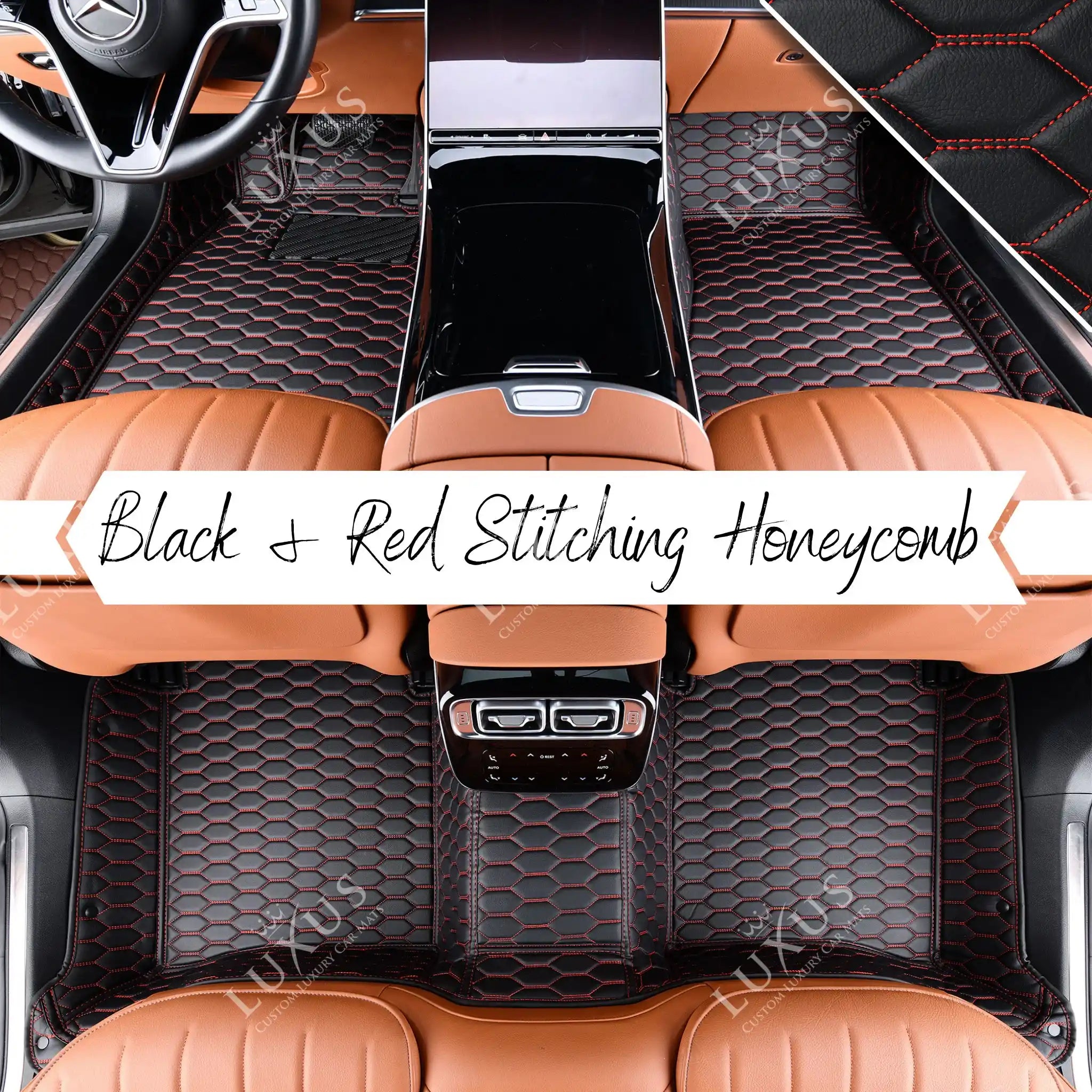 Luxus Premium Honeycomb Custom Car Mats Set | Black & Red Stitching