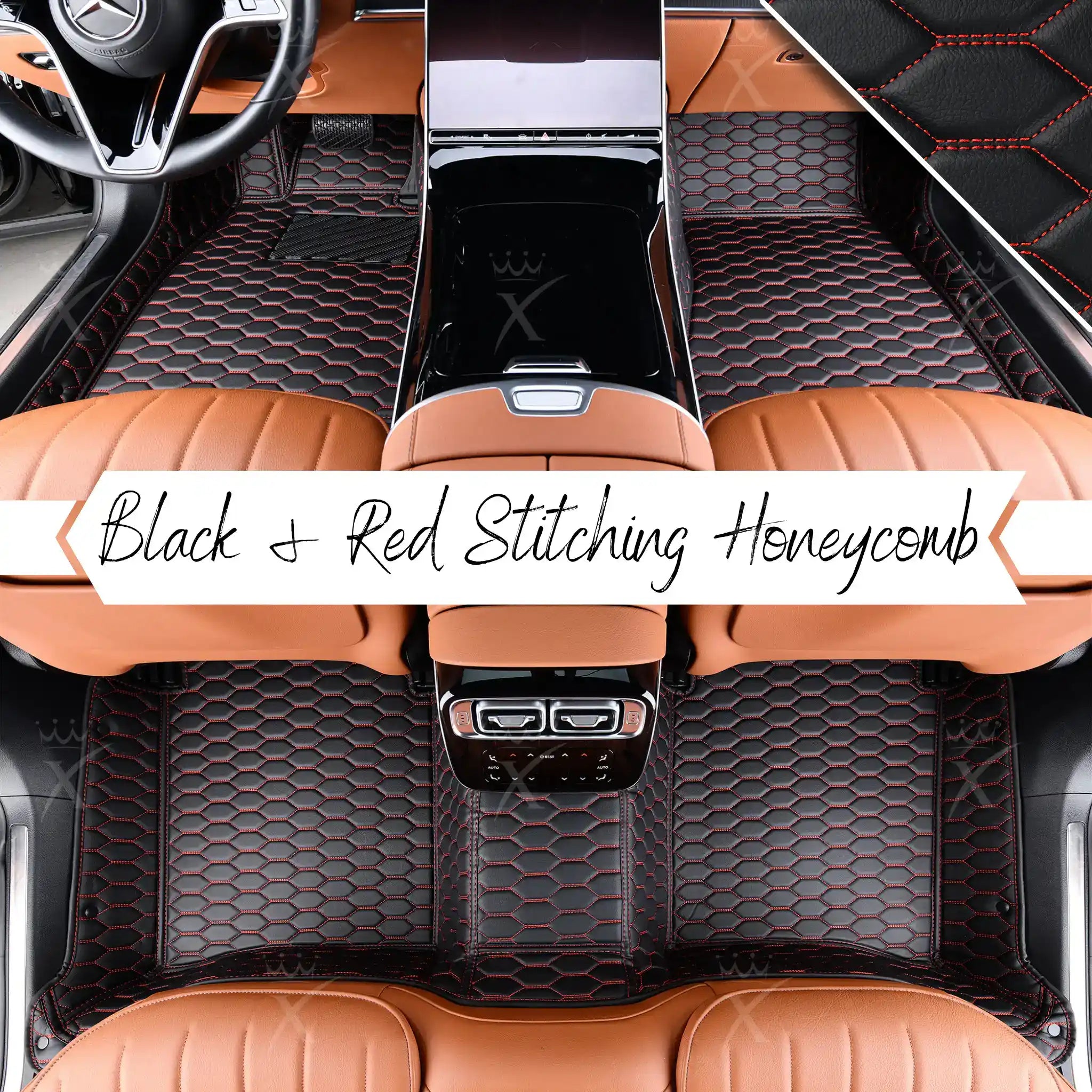 Luxus Premium Honeycomb Custom Car Mats Set | Black & Red Stitching