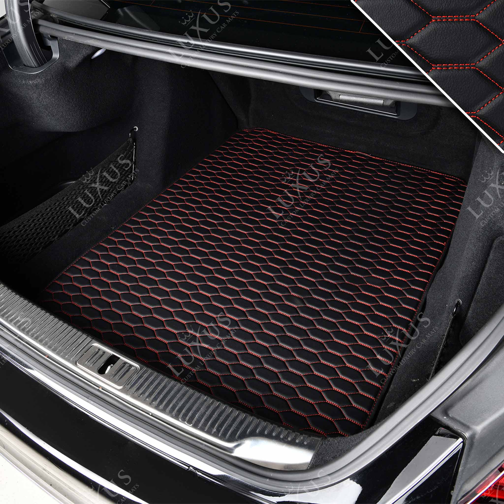 Luxus Premium Honeycomb Custom Base Trunk Liner | Black & Red Stitching