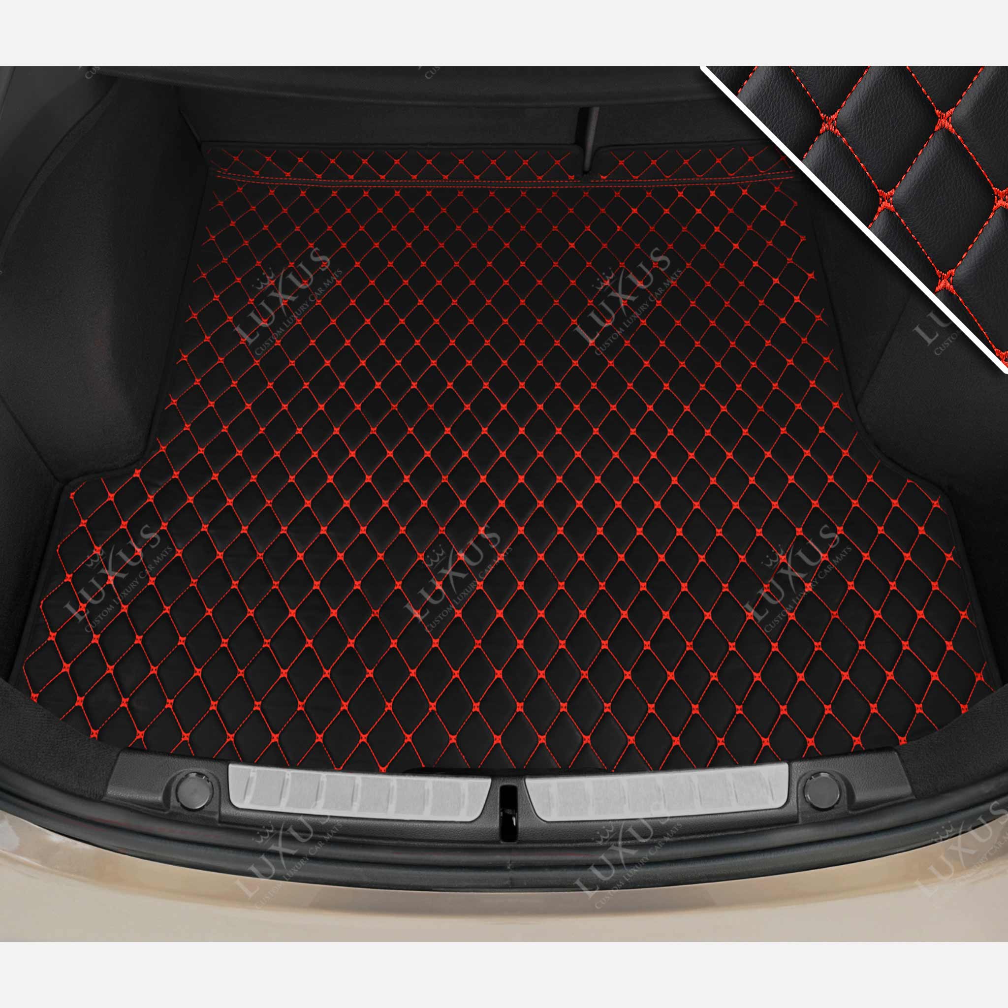 Luxus Car Mats™ - Tappetino per bagagliaio/stivale in pelle di lusso con cuciture nere e rosse