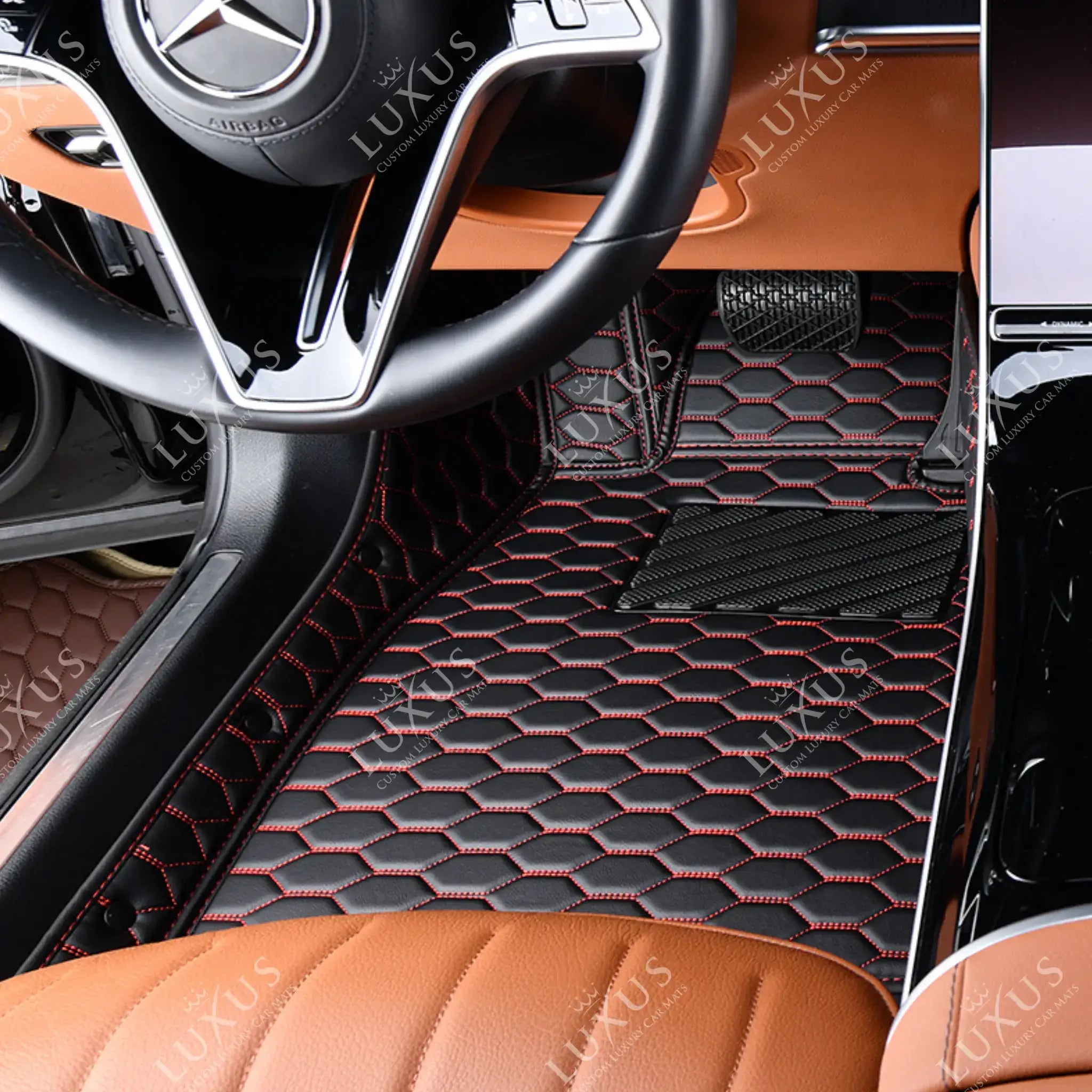 Luxus Premium Honeycomb Custom Car Mats Set | Black & Red Stitching