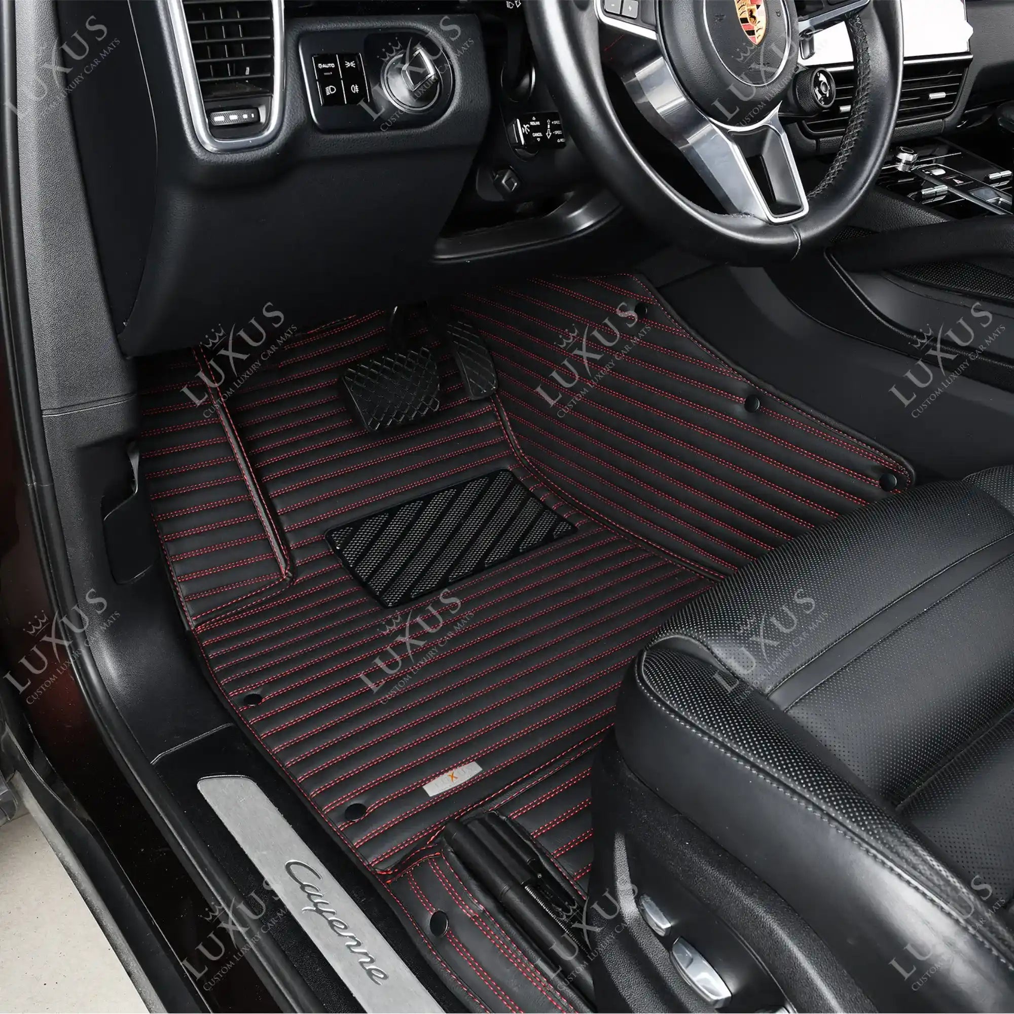Luxus Premium Stripe Custom Car Mats Set | Black & Red Stitching