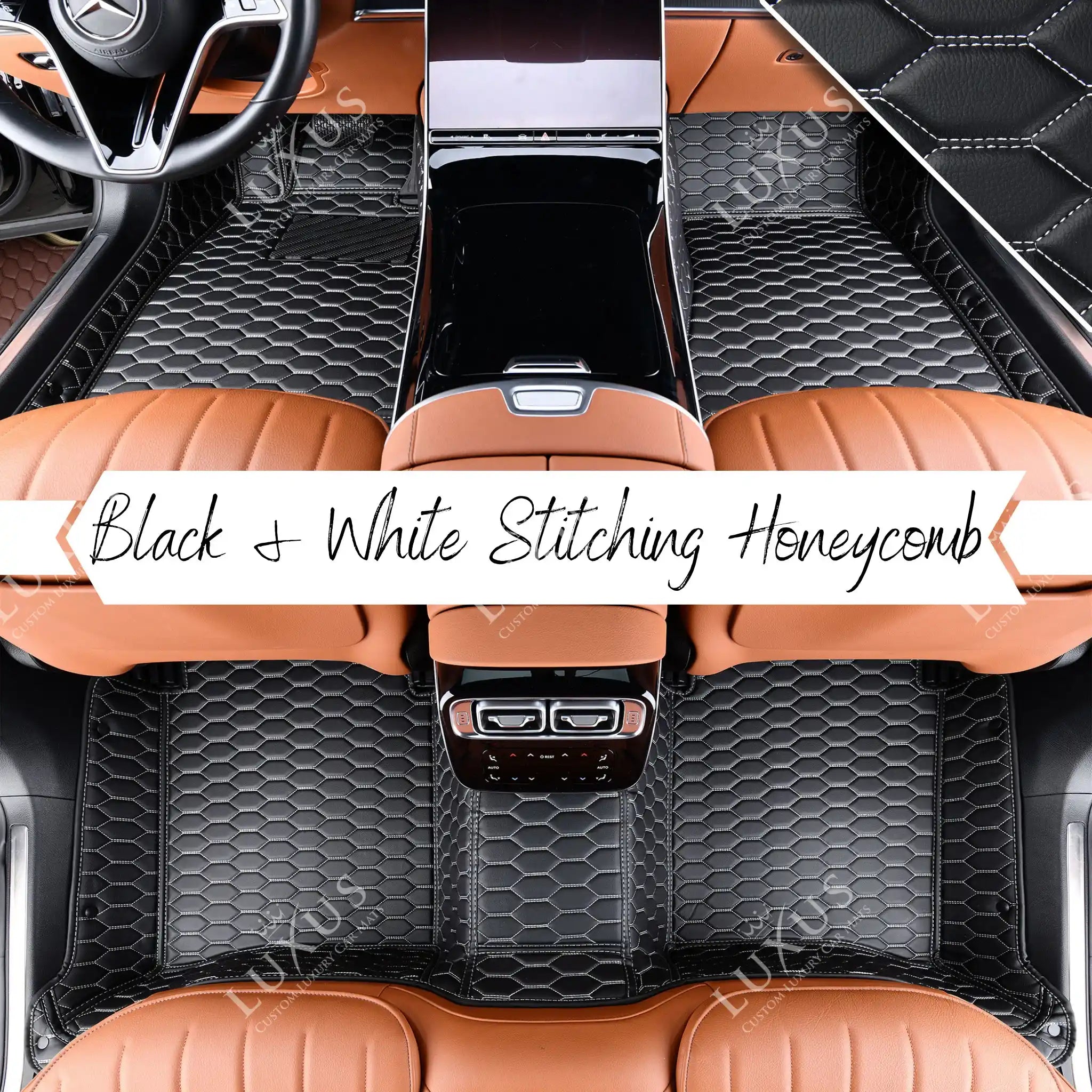 Luxus Premium Honeycomb Custom Car Mats Set | Black & White Stitching