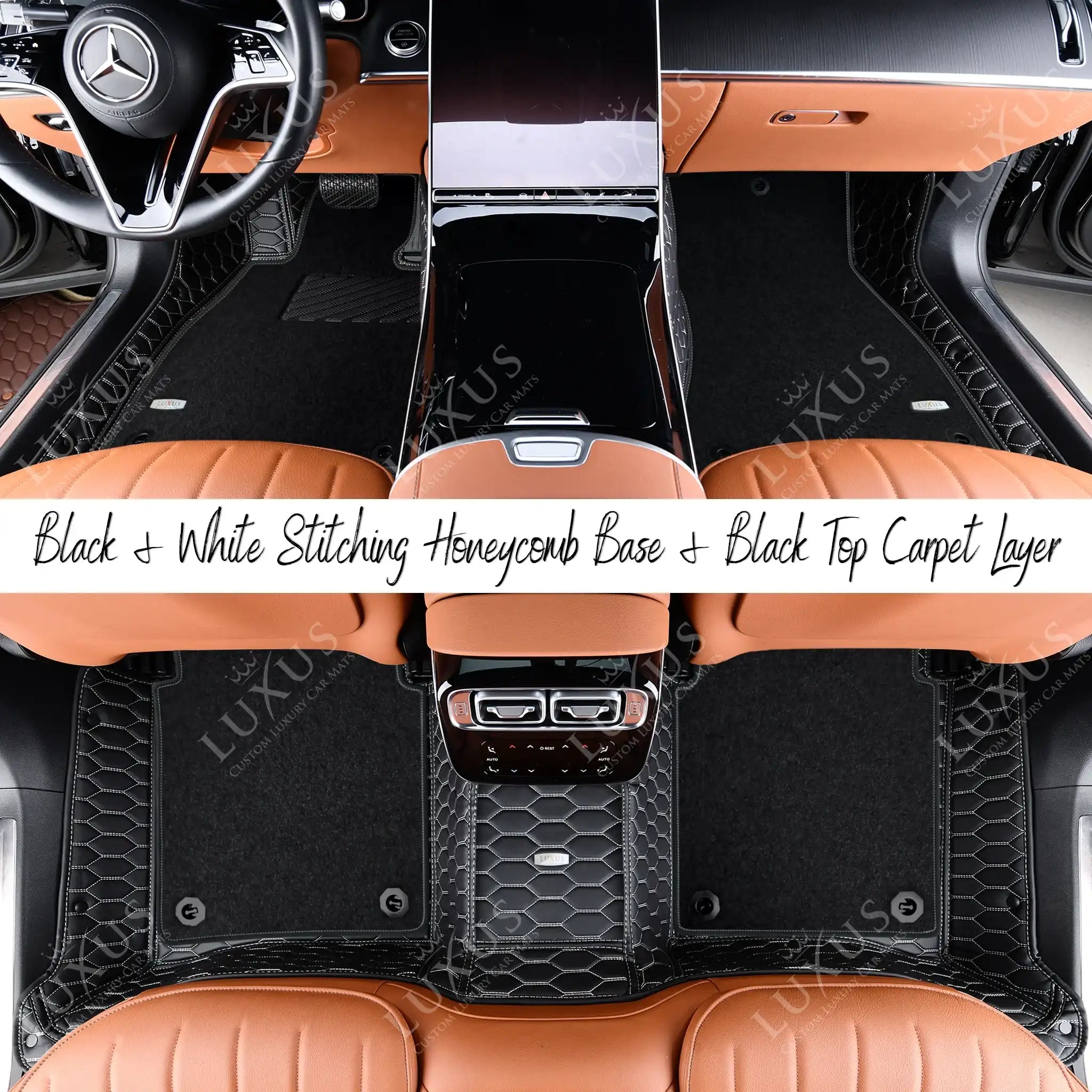 Black & White Stitching Honeycomb & Black Carpet | Double Layer Luxury Car Mats Set