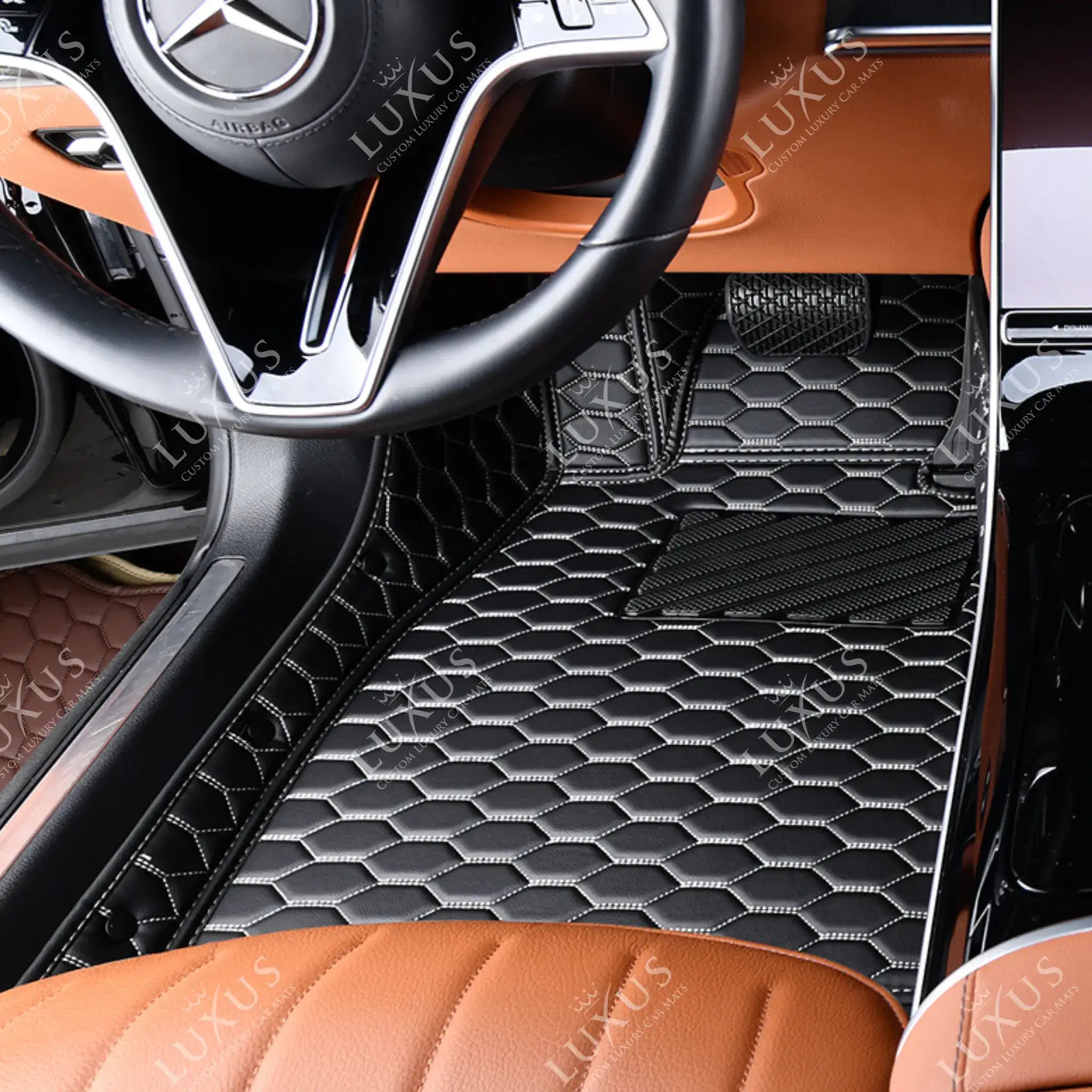 Luxus Premium Honeycomb Custom Car Mats Set | Black & White Stitching