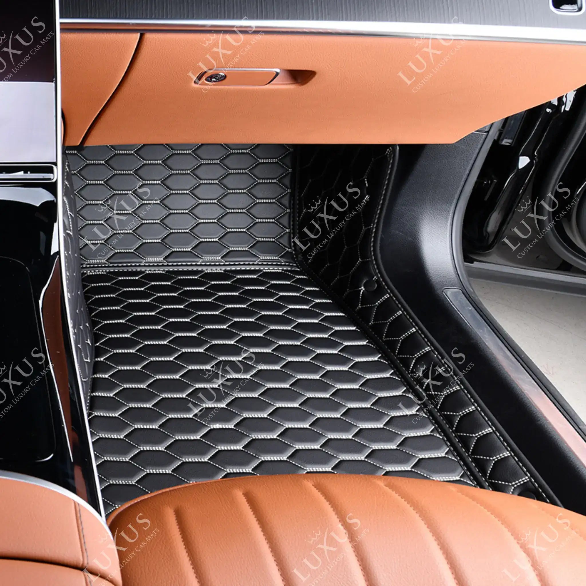 Luxus Premium Honeycomb Custom Car Mats Set | Black & White Stitching