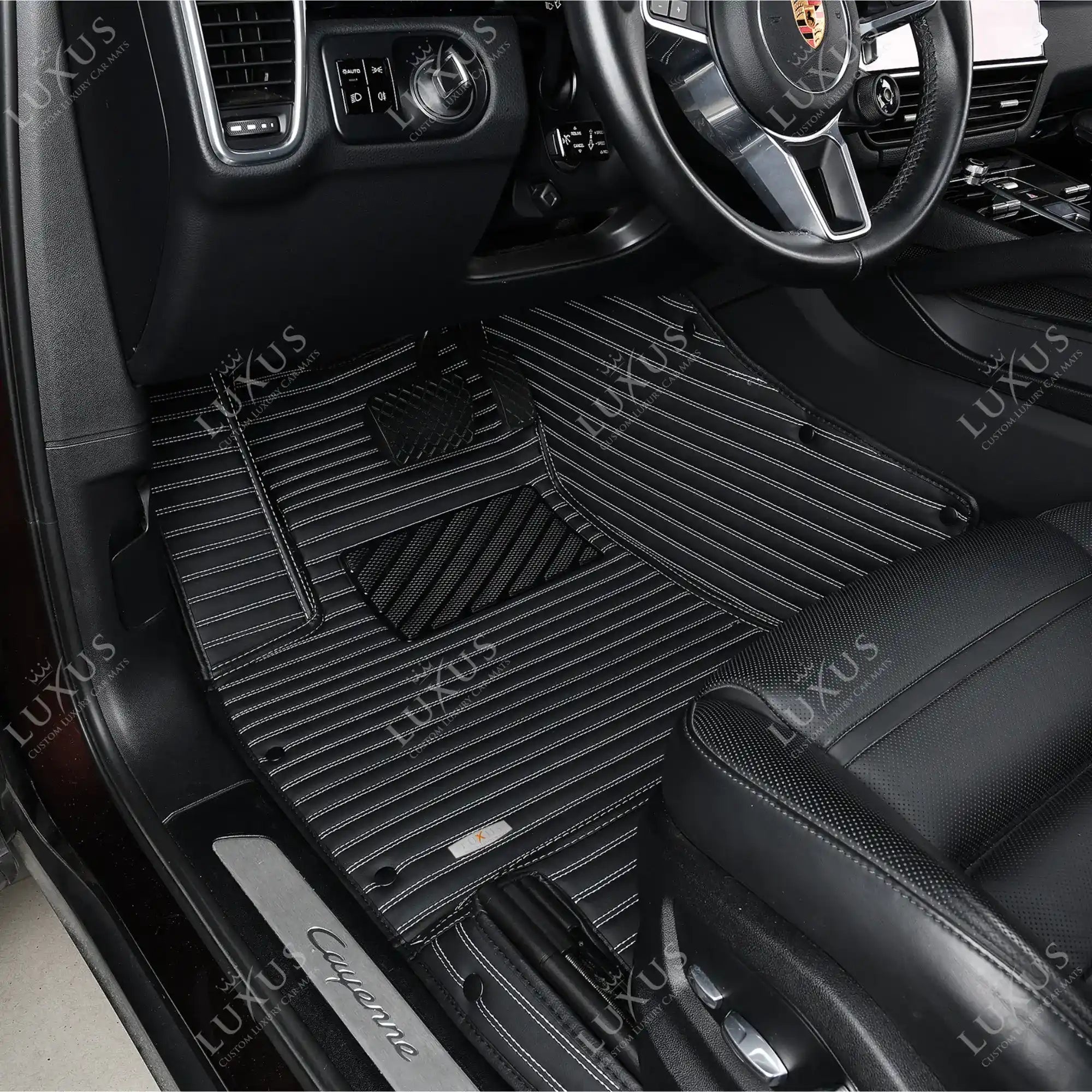 Luxus Premium Stripe Custom Car Mats Set | Black & White Stitching