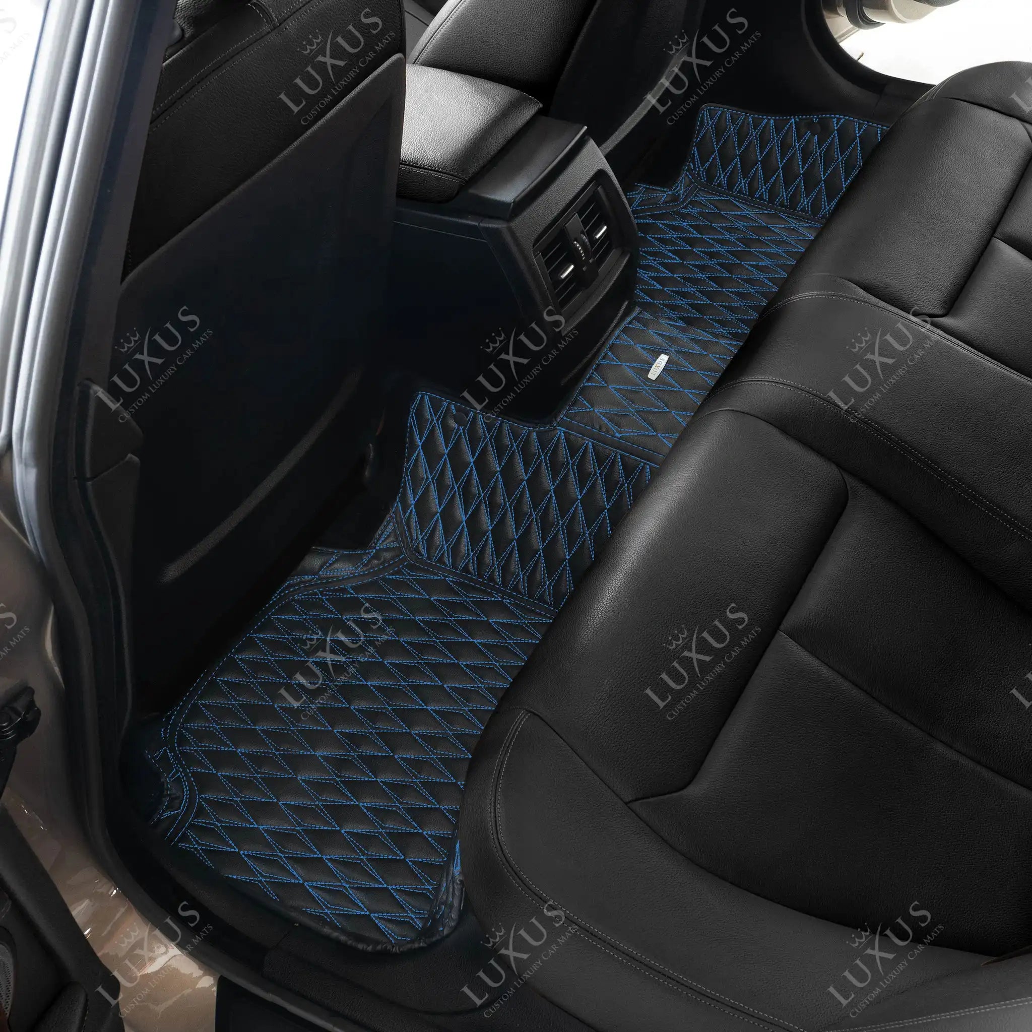Luxus Premium Twin-Diamond Custom Luxury Car Mats Set | Black & Blue Stitching