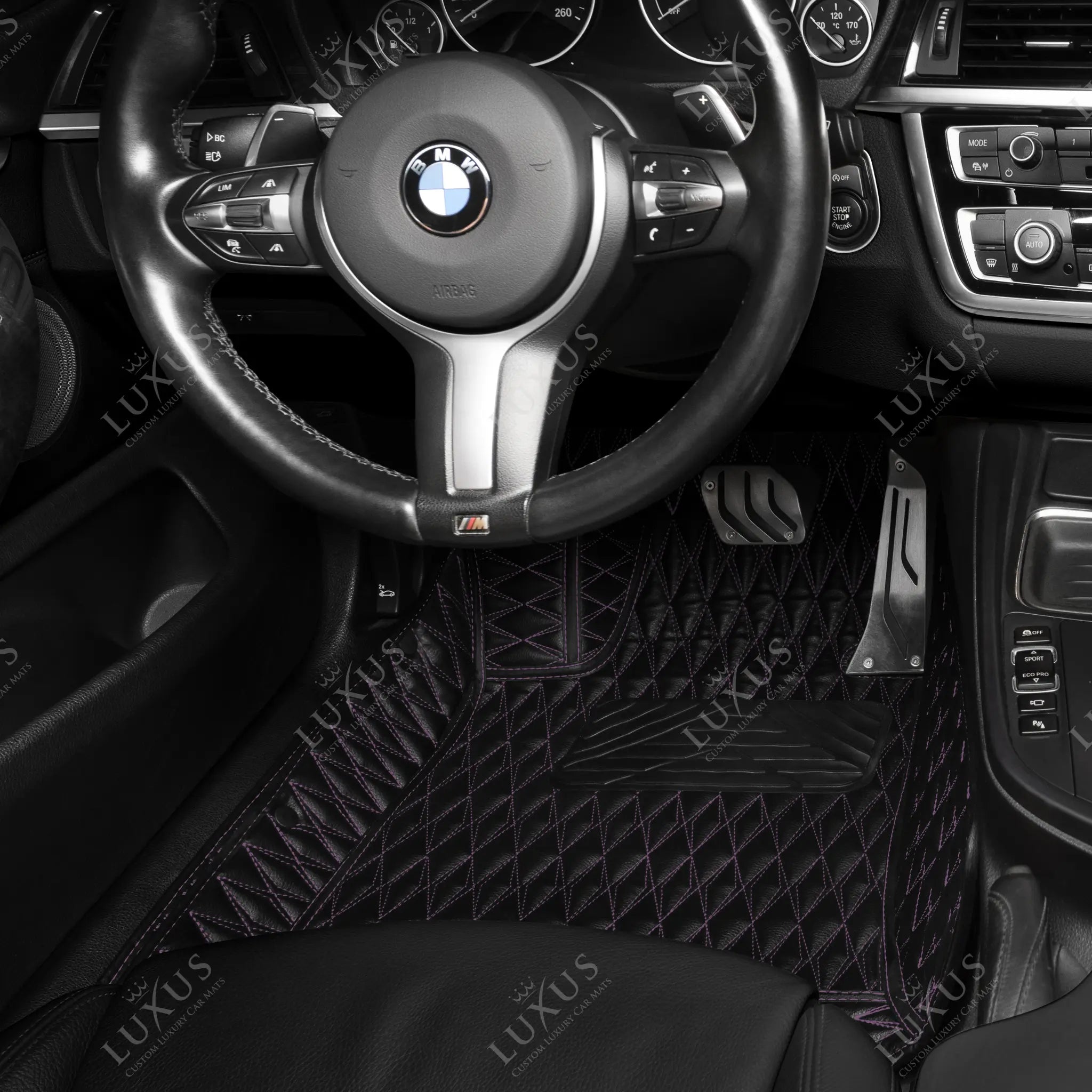 Luxus Premium Twin-Diamond Custom Luxury Car Mats Set | Black & Purple Stitching