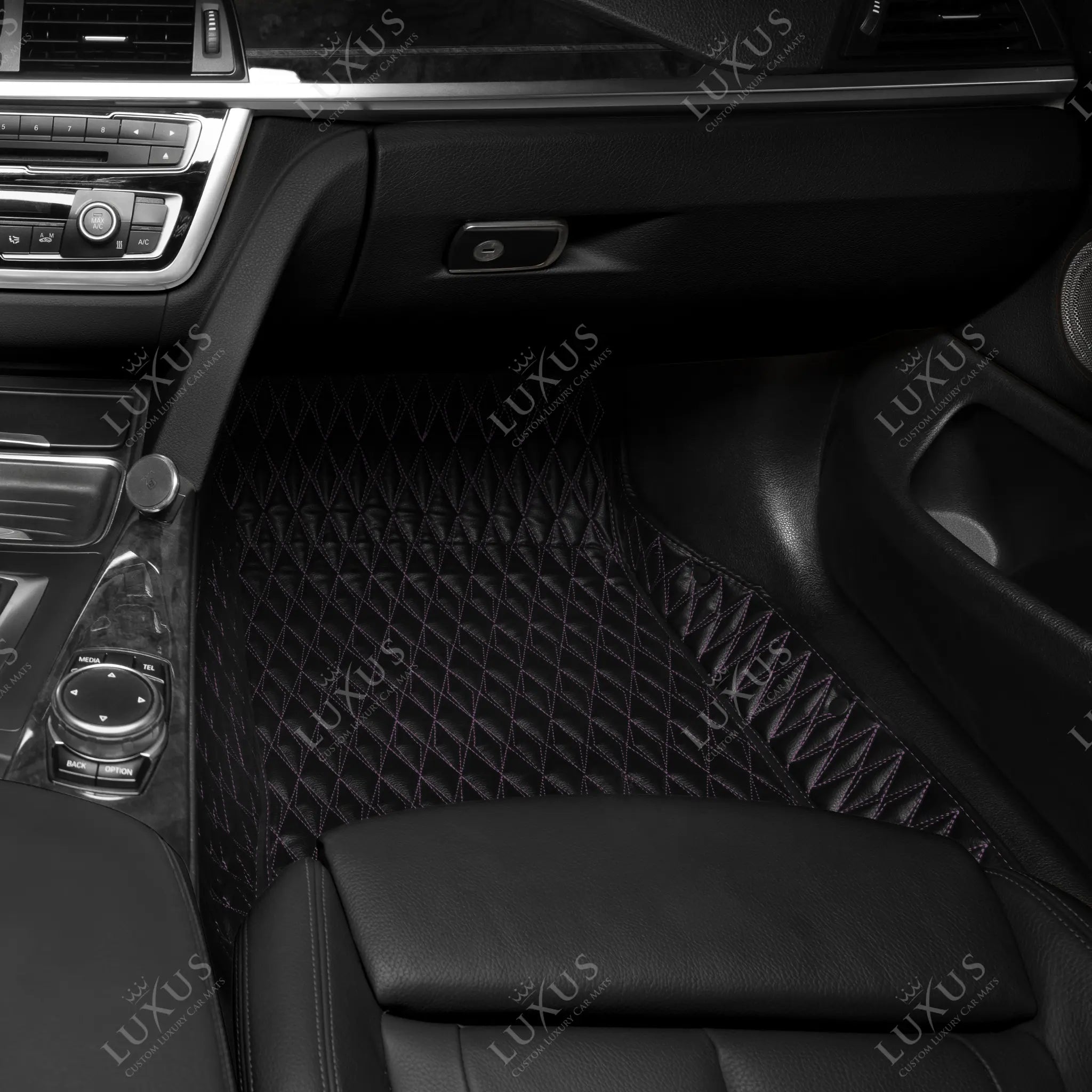 Luxus Premium Twin-Diamond Custom Luxury Car Mats Set | Black & Purple Stitching