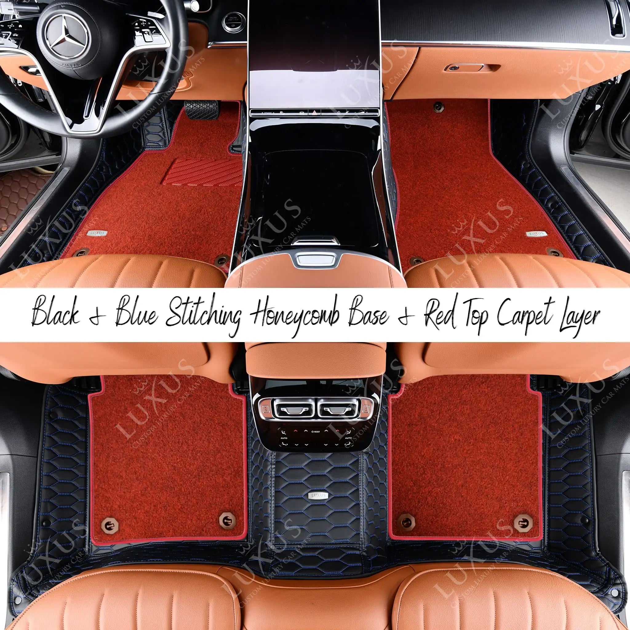 Black & Blue Stitching Honeycomb & Red Carpet | Double Layer Luxury Car Mats Set