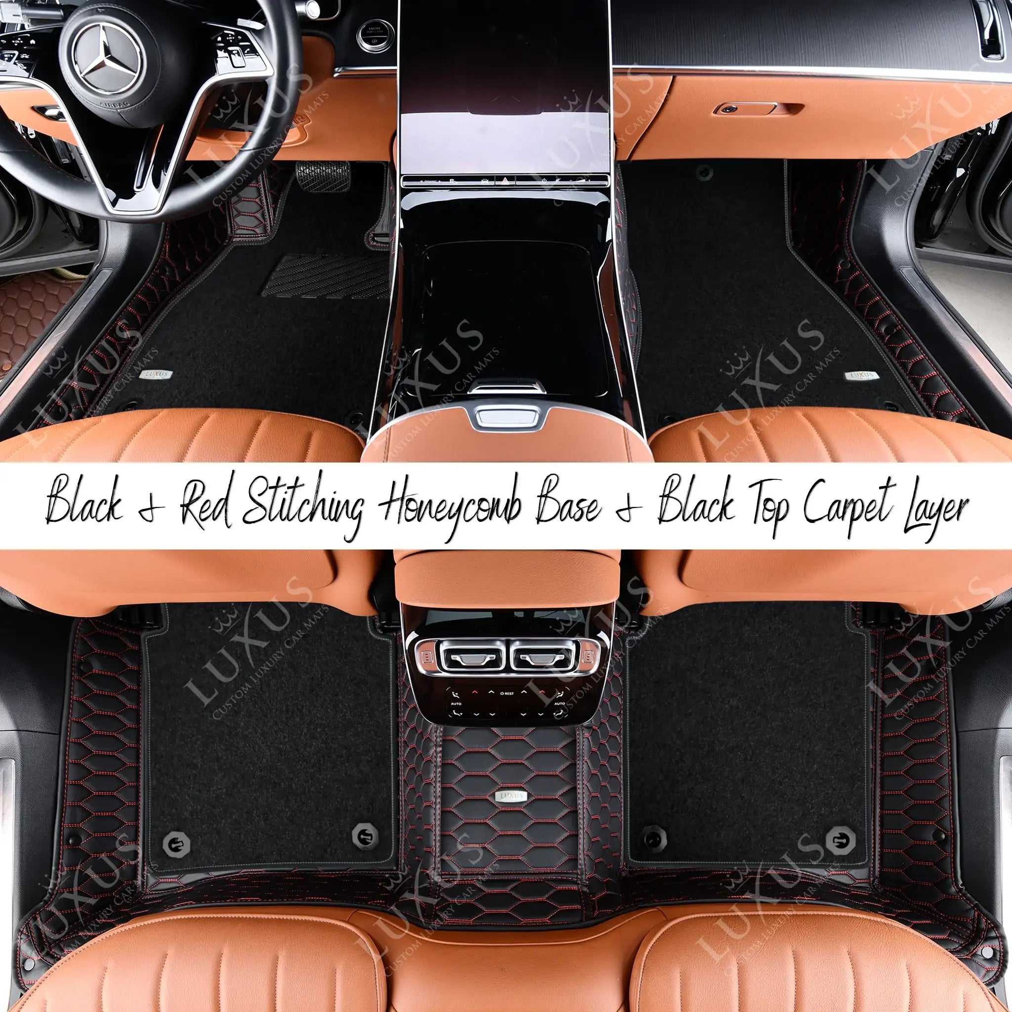 Black & Red Stitching Honeycomb & Black Carpet | Double Layer Luxury Car Mats Set