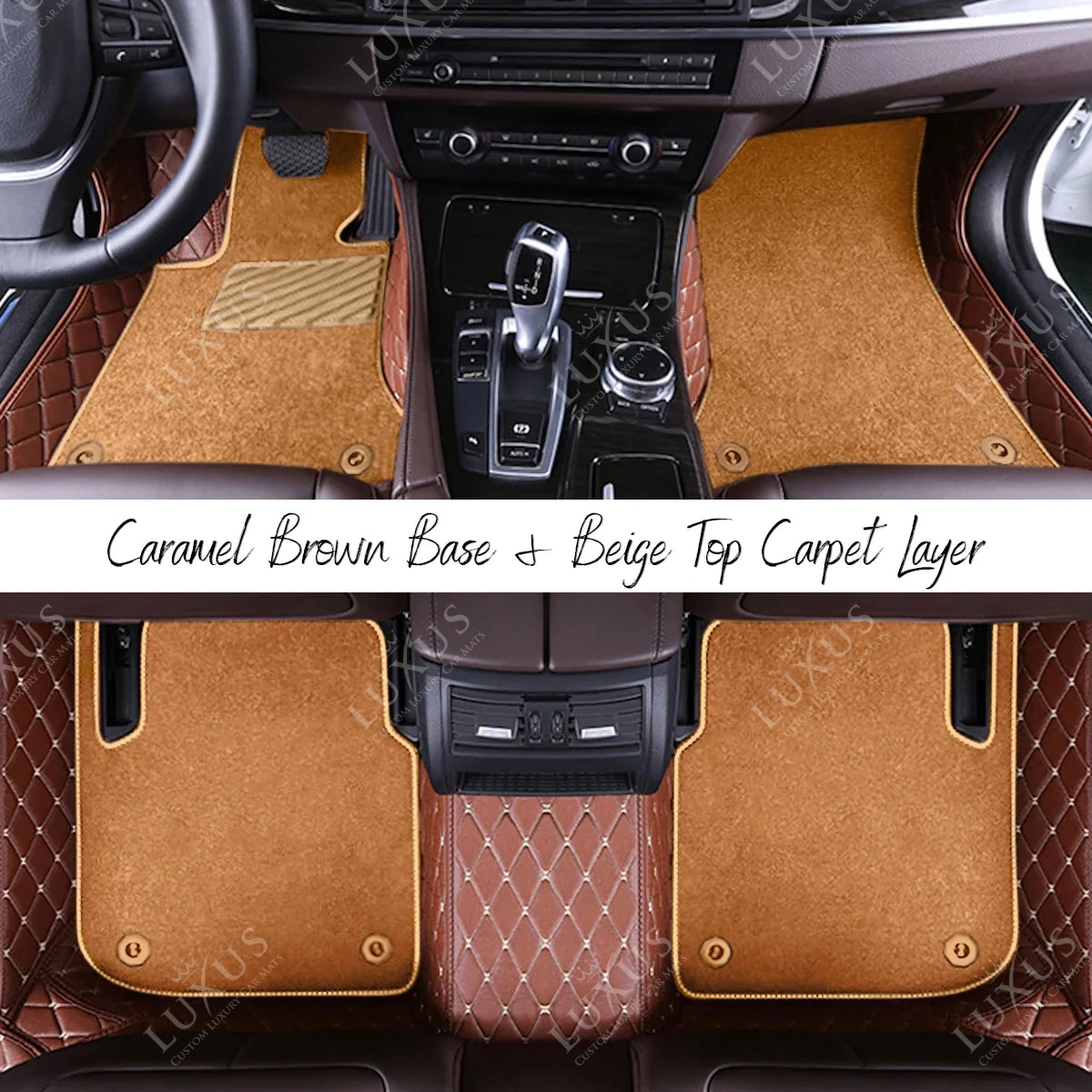 Caramel Brown Diamond & Beige Carpet | Double Layer Luxury Car Mats Set