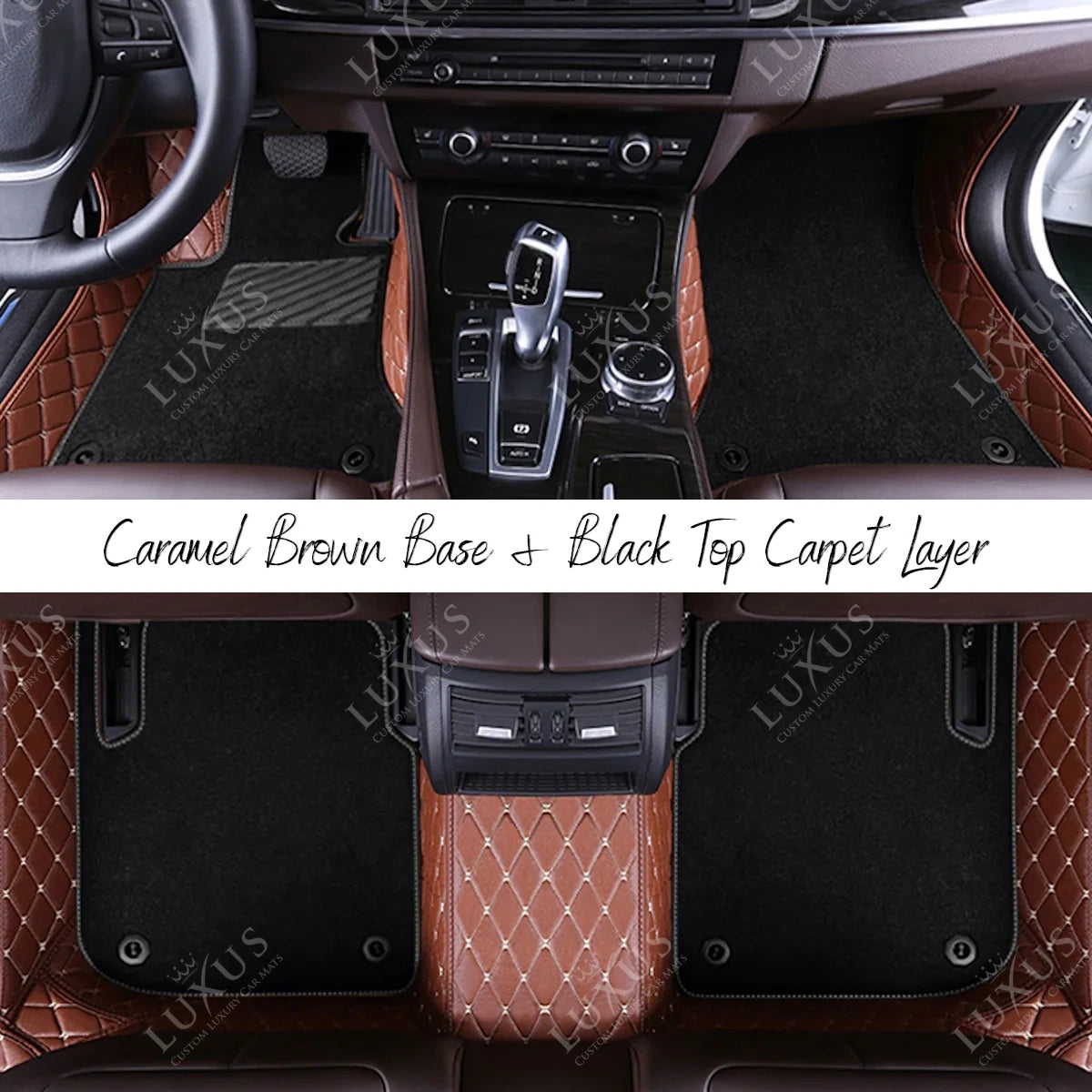 Caramel Brown Diamond Base & Black Top Carpet Double Layer Luxury Car Mats Set