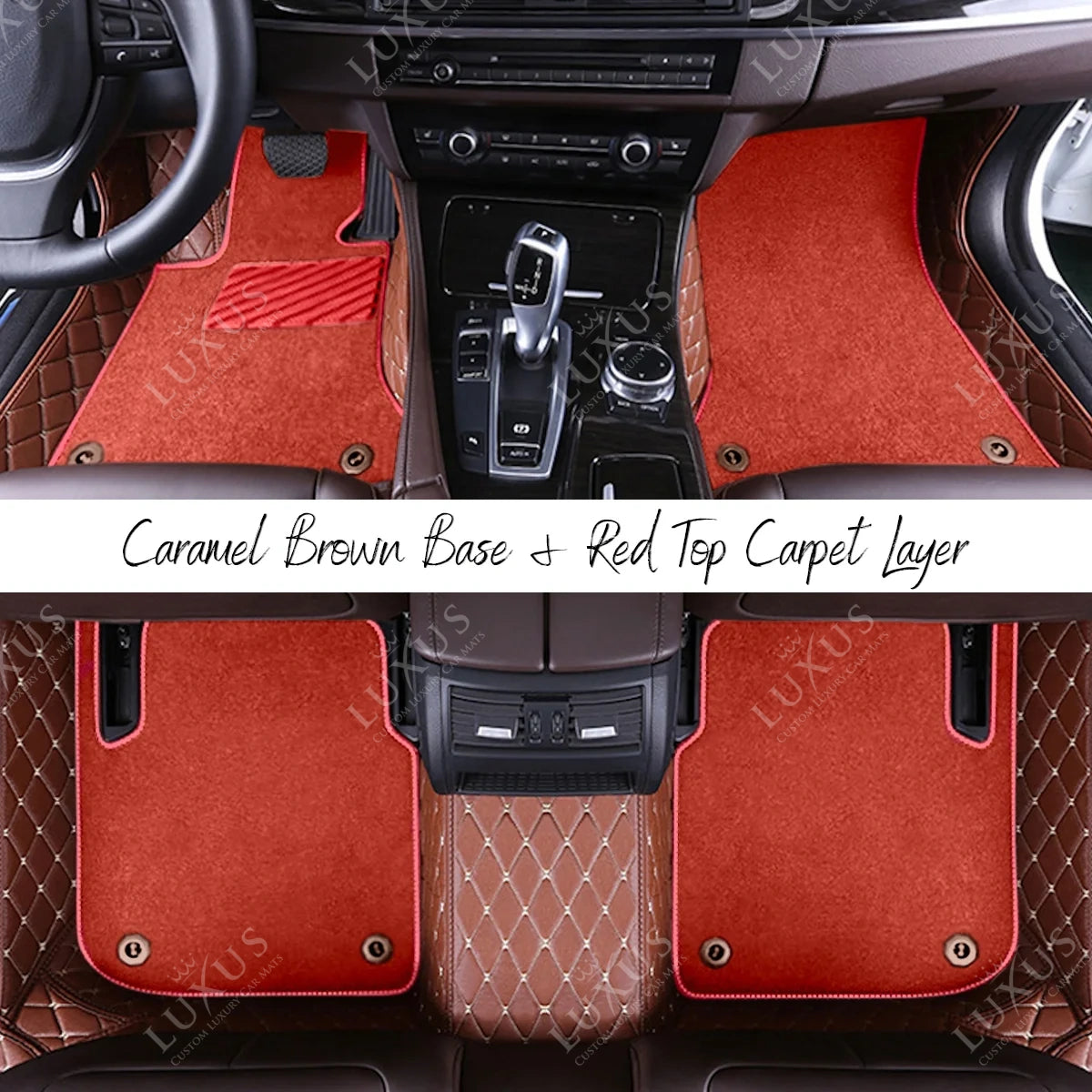 Caramel Brown Diamond & Red Carpet | Double Layer Luxury Car Mats Set