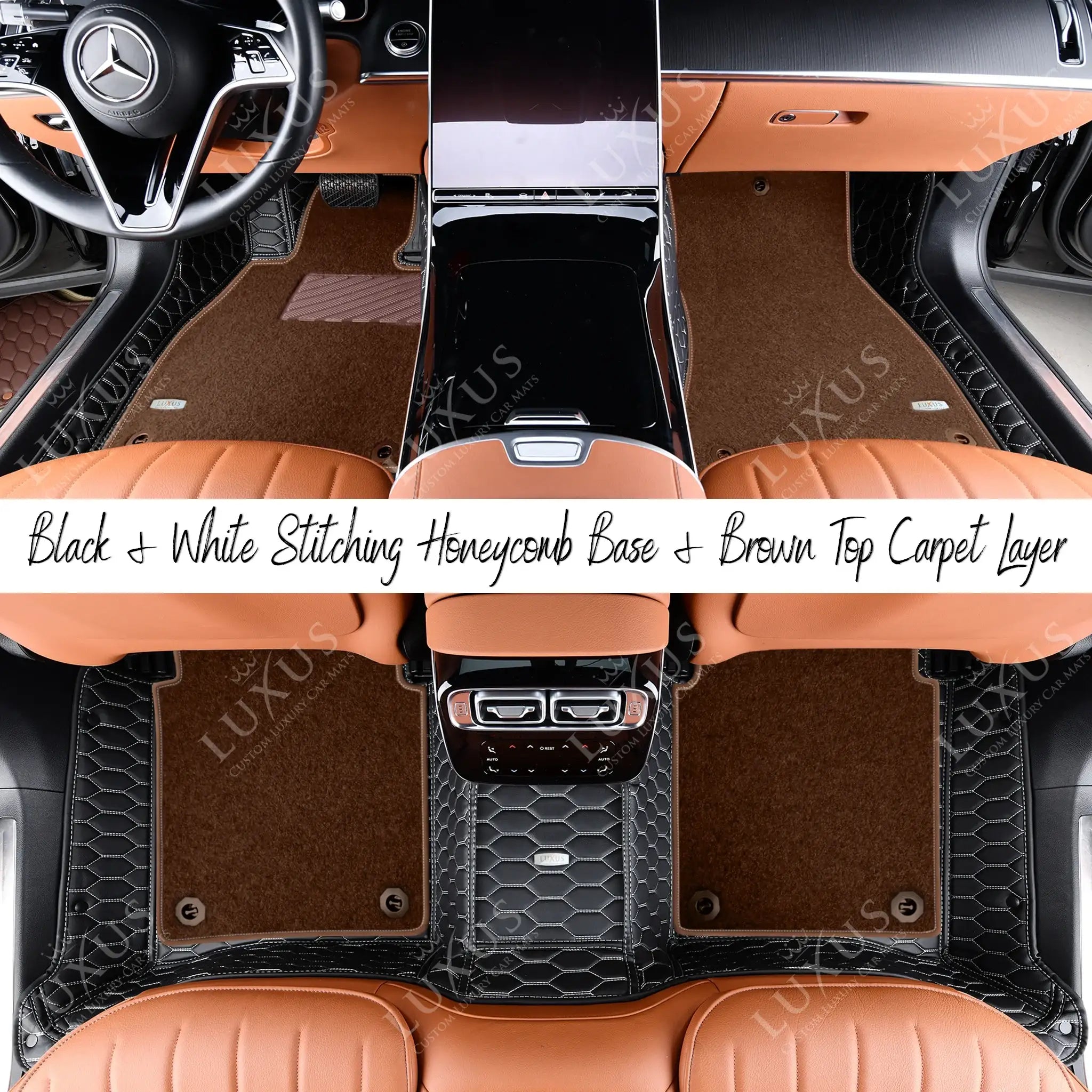 Black & White Stitching Honeycomb & Brown Carpet | Double Layer Luxury Car Mats Set