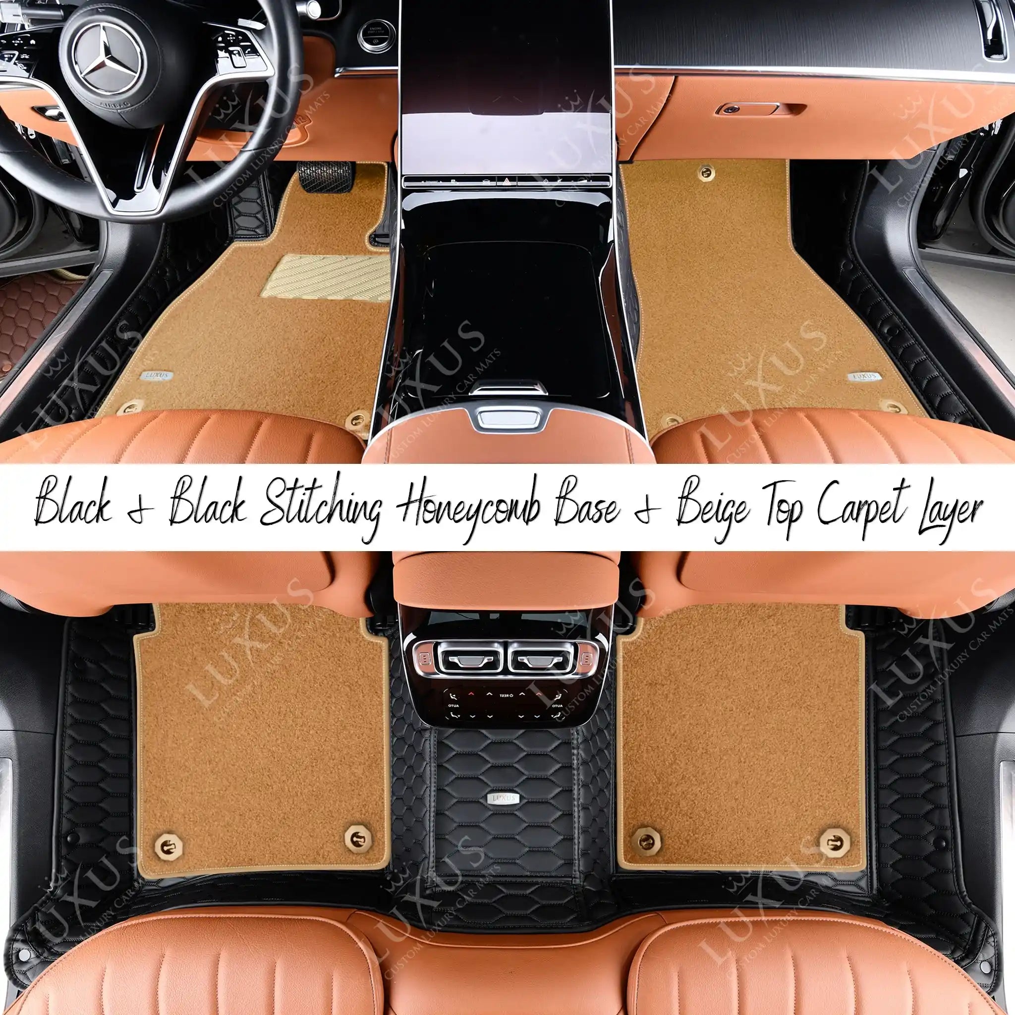 Black & Black Stitching Honeycomb Base & Beige Top Carpet Double Layer Luxury Car Mats Set