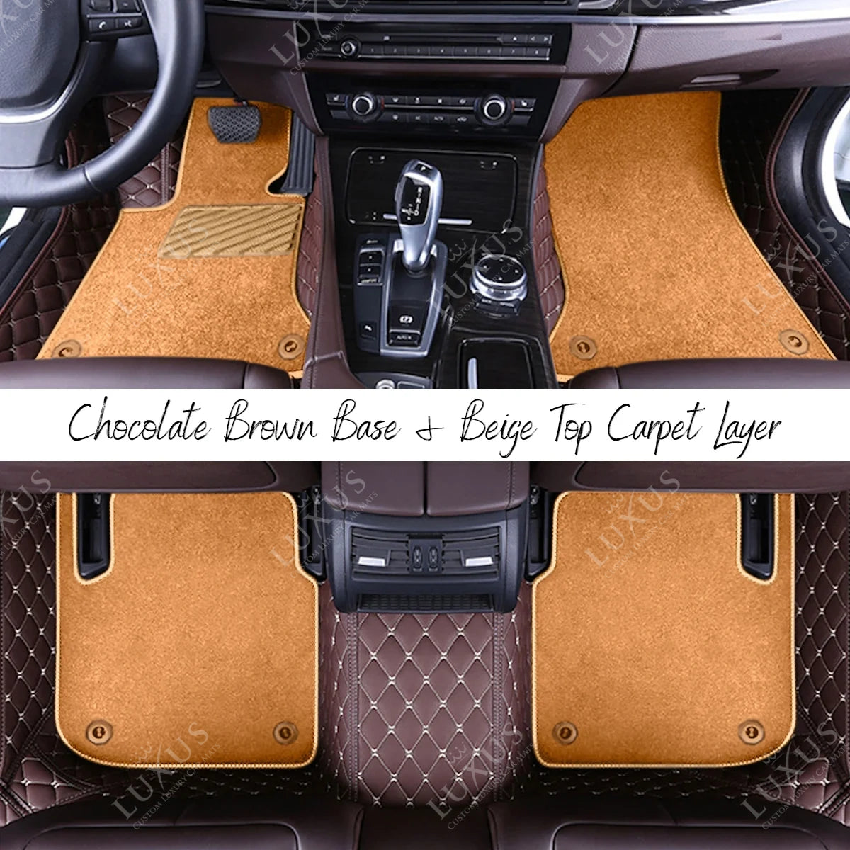 Chocolate Brown Diamond & Beige Carpet | Double Layer Luxury Car Mats Set