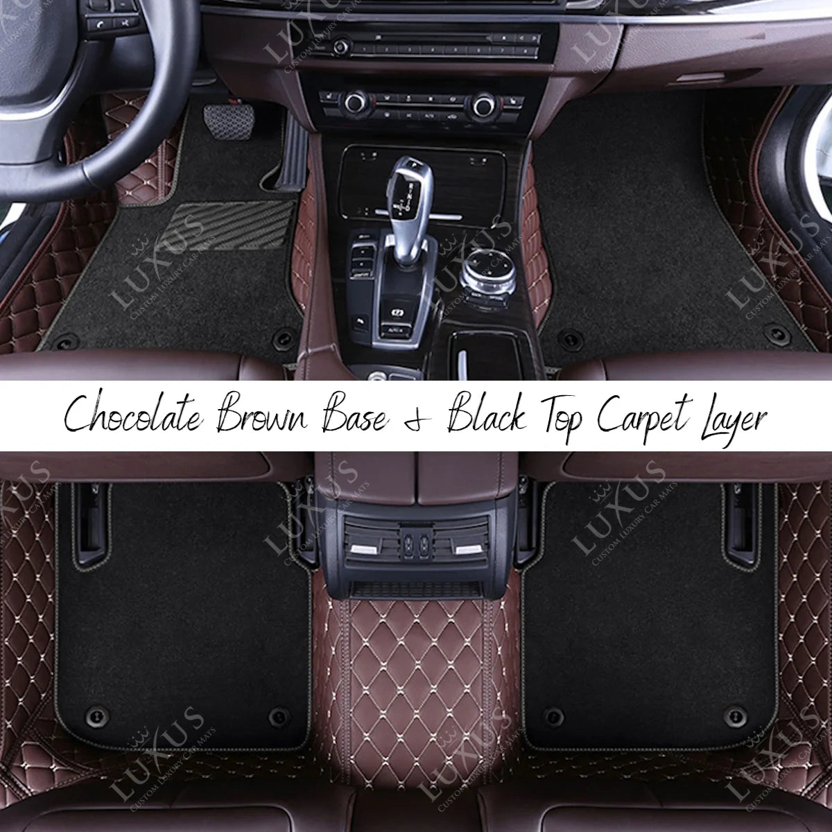 Chocolate Brown Diamond & Black Carpet | Double Layer Luxury Car Mats Set