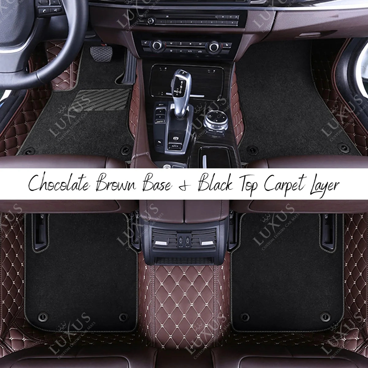 Chocolate Brown Diamond Base & Black Top Carpet Double Layer Luxury Car Mats Set