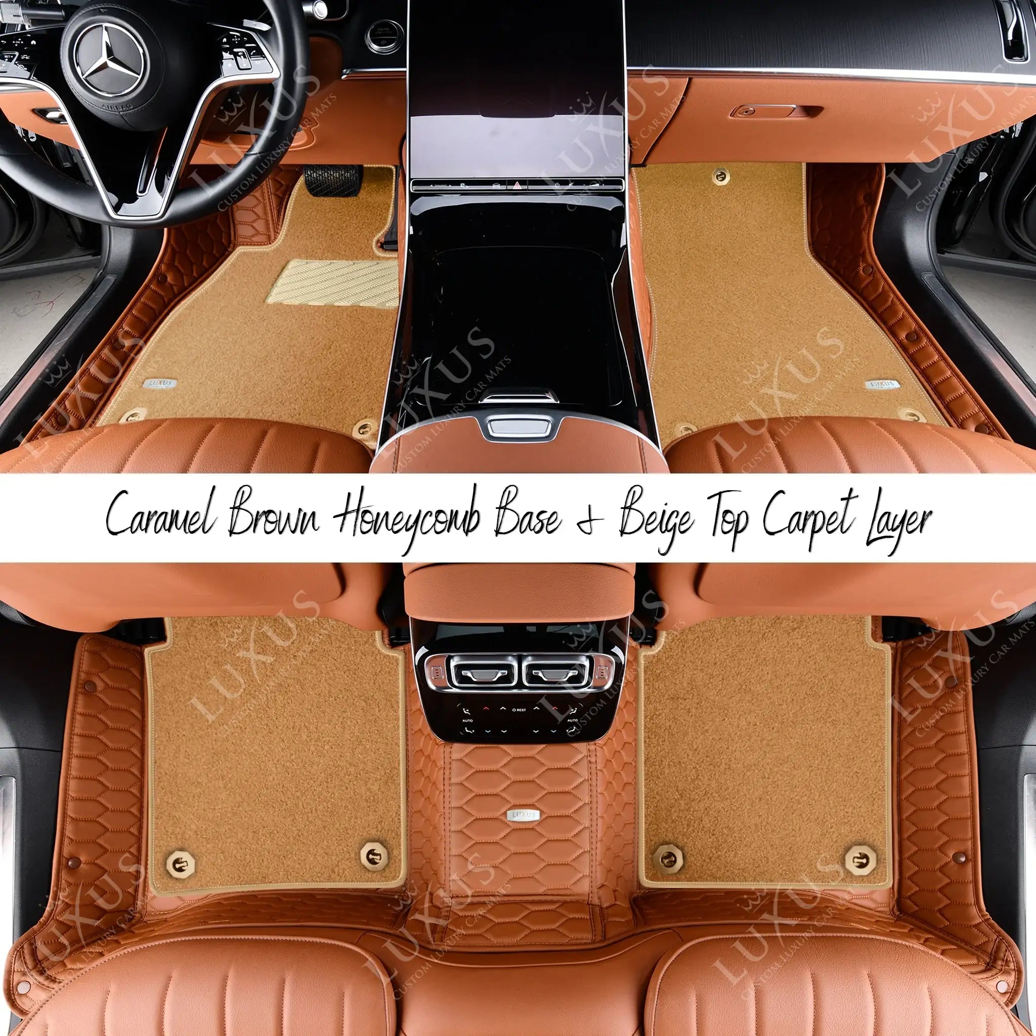 Caramel Brown Honeycomb & Beige Carpet | Double Layer Luxury Car Mats Set