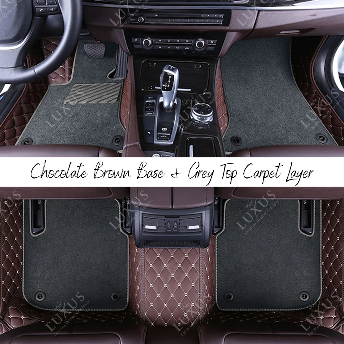 Chocolate Brown Diamond & Grey Carpet | Double Layer Luxury Car Mats Set