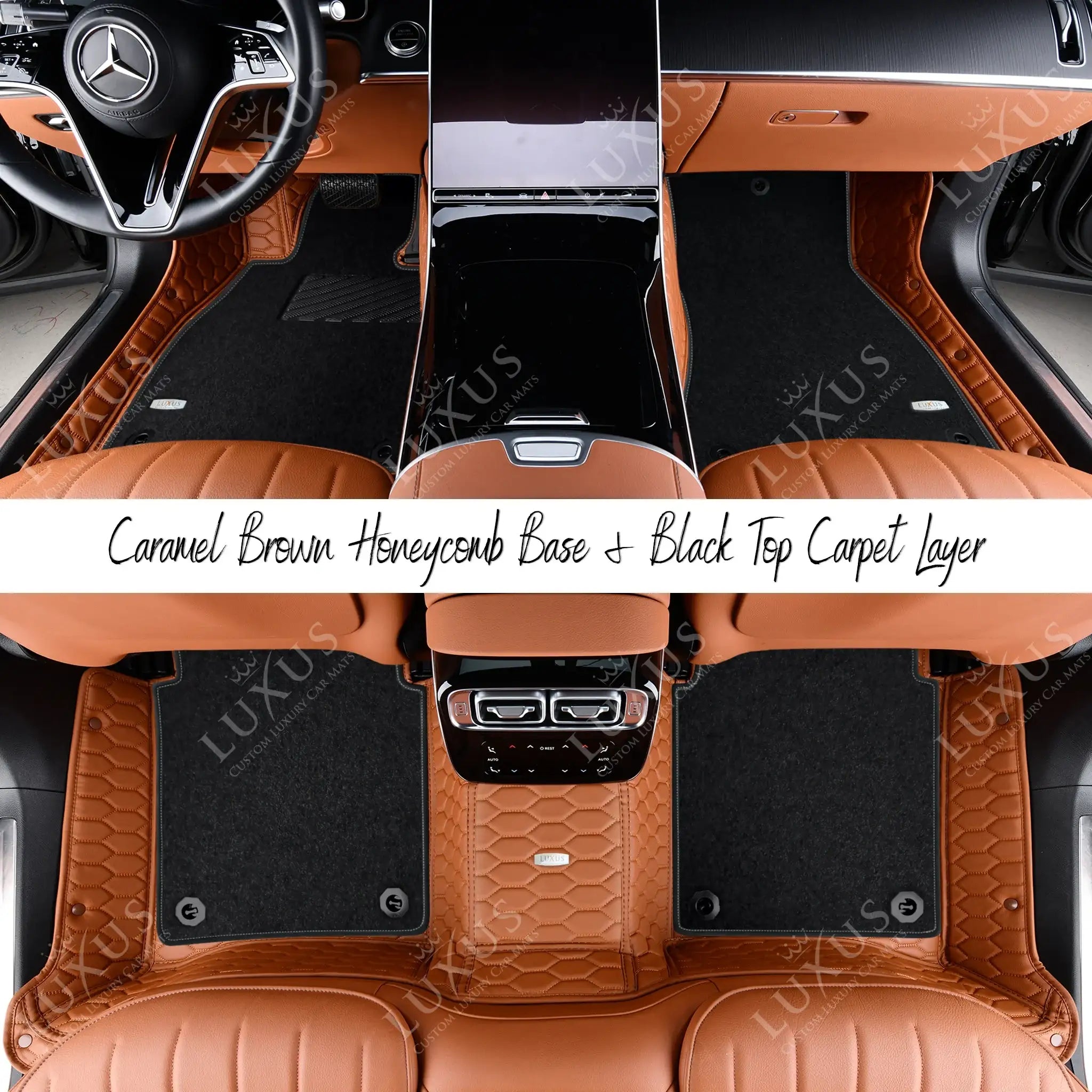 Caramel Brown Honeycomb & Black Carpet | Double Layer Luxury Car Mats Set