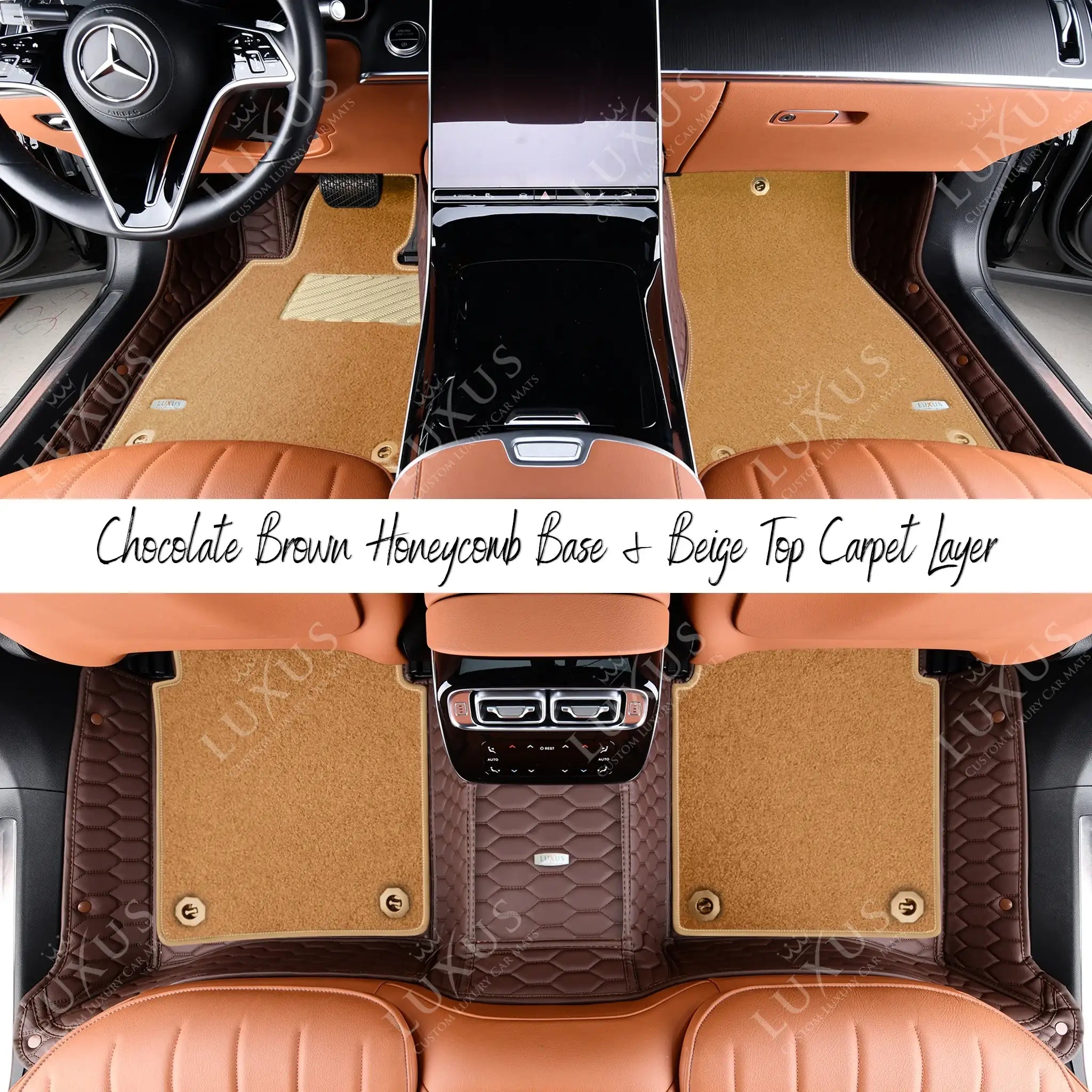 Chocolate Brown Honeycomb & Beige Carpet | Double Layer Luxury Car Mats Set