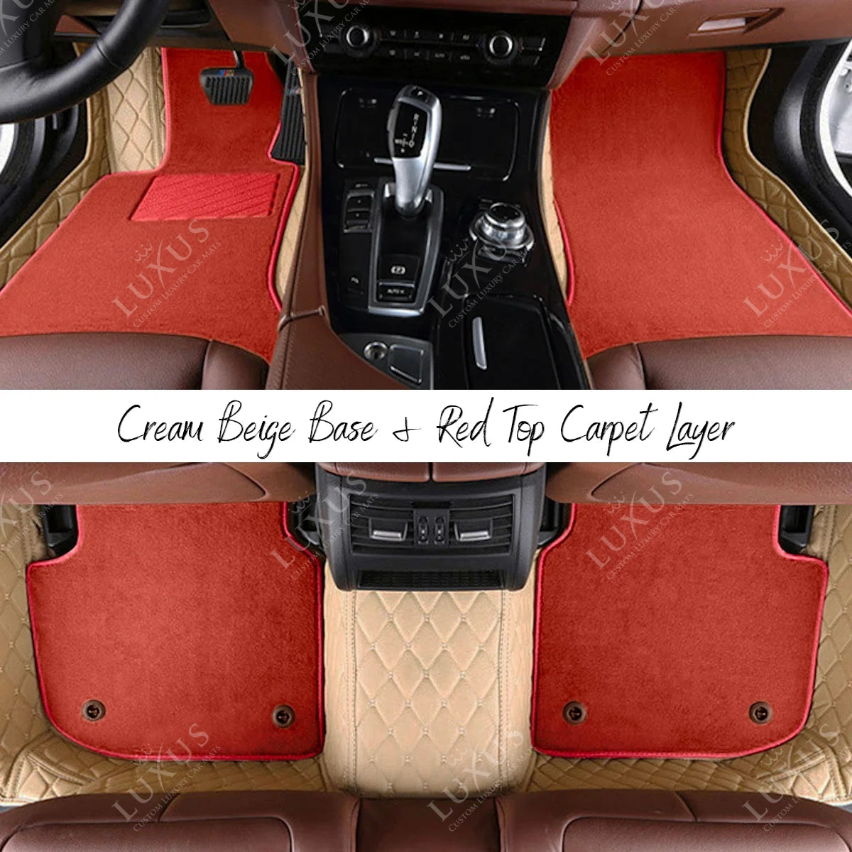 Cream Beige Diamond & Red Carpet | Double Layer Luxury Car Mats Set